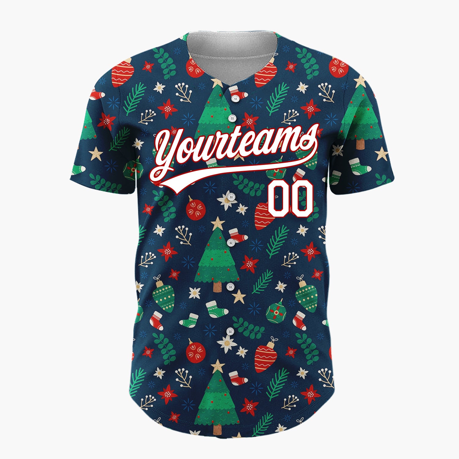 Custom Dark Green Christmas Tree Festive Holly Cartoon Pattern Christmas Baseball Jersey