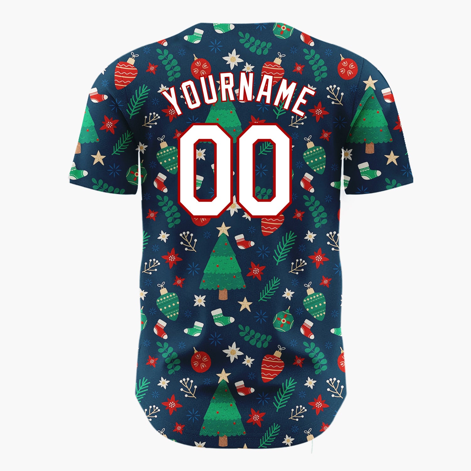 Custom Dark Green Christmas Tree Festive Holly Cartoon Pattern Christmas Baseball Jersey