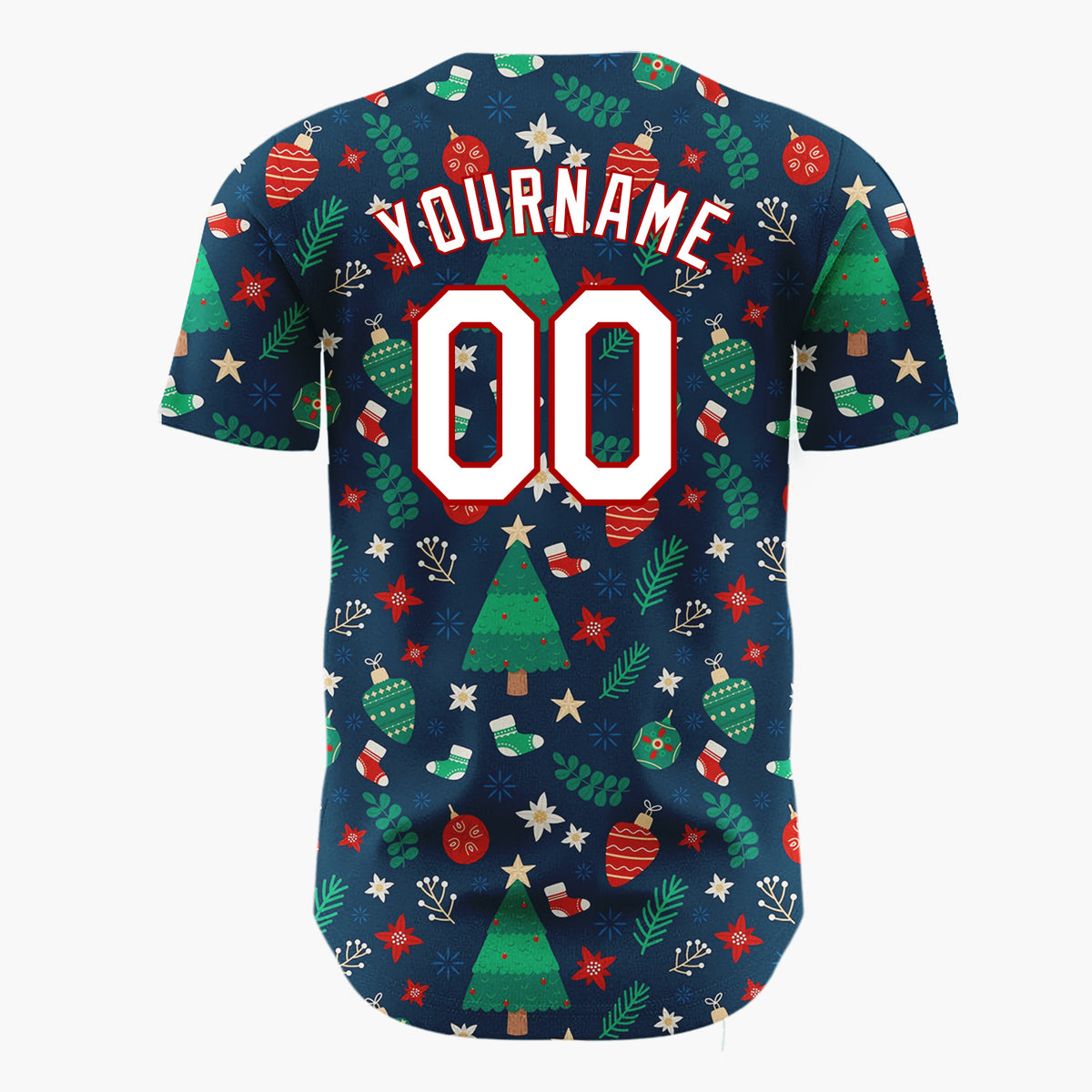 Custom Dark Green Christmas Tree Festive Holly Cartoon Pattern Christmas Baseball Jersey