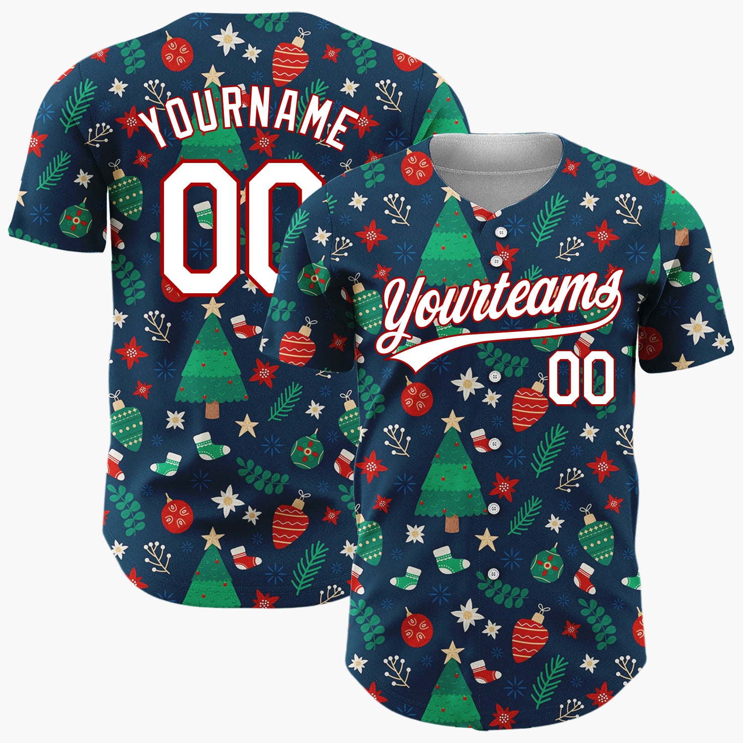 Custom Dark Green Christmas Tree Festive Holly Cartoon Pattern Christmas Baseball Jersey