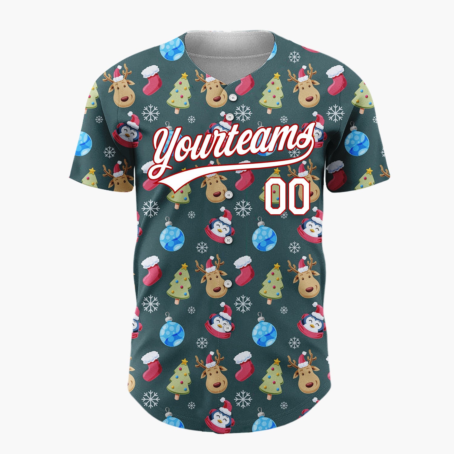 Custom Dark Green Blue Reindeers Penguins And Christmas Trees Cute Holiday Pattern Christmas Baseball Jersey