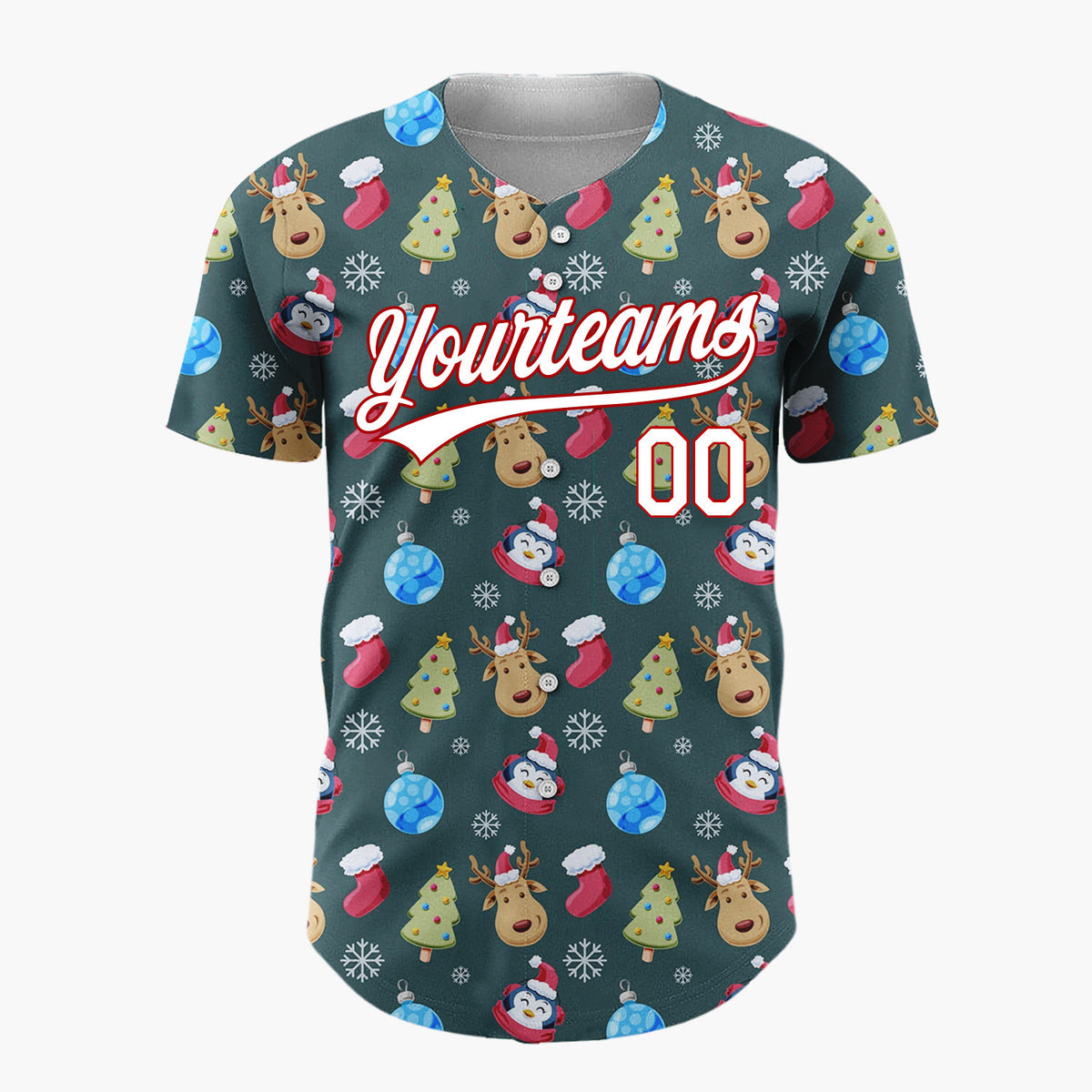 Custom Dark Green Blue Reindeers Penguins And Christmas Trees Cute Holiday Pattern Christmas Baseball Jersey