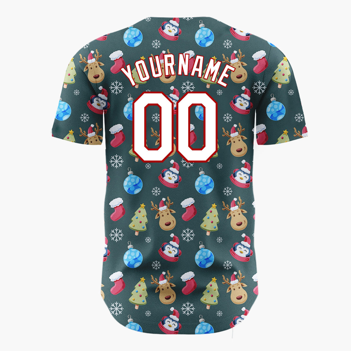 Custom Dark Green Blue Reindeers Penguins And Christmas Trees Cute Holiday Pattern Christmas Baseball Jersey