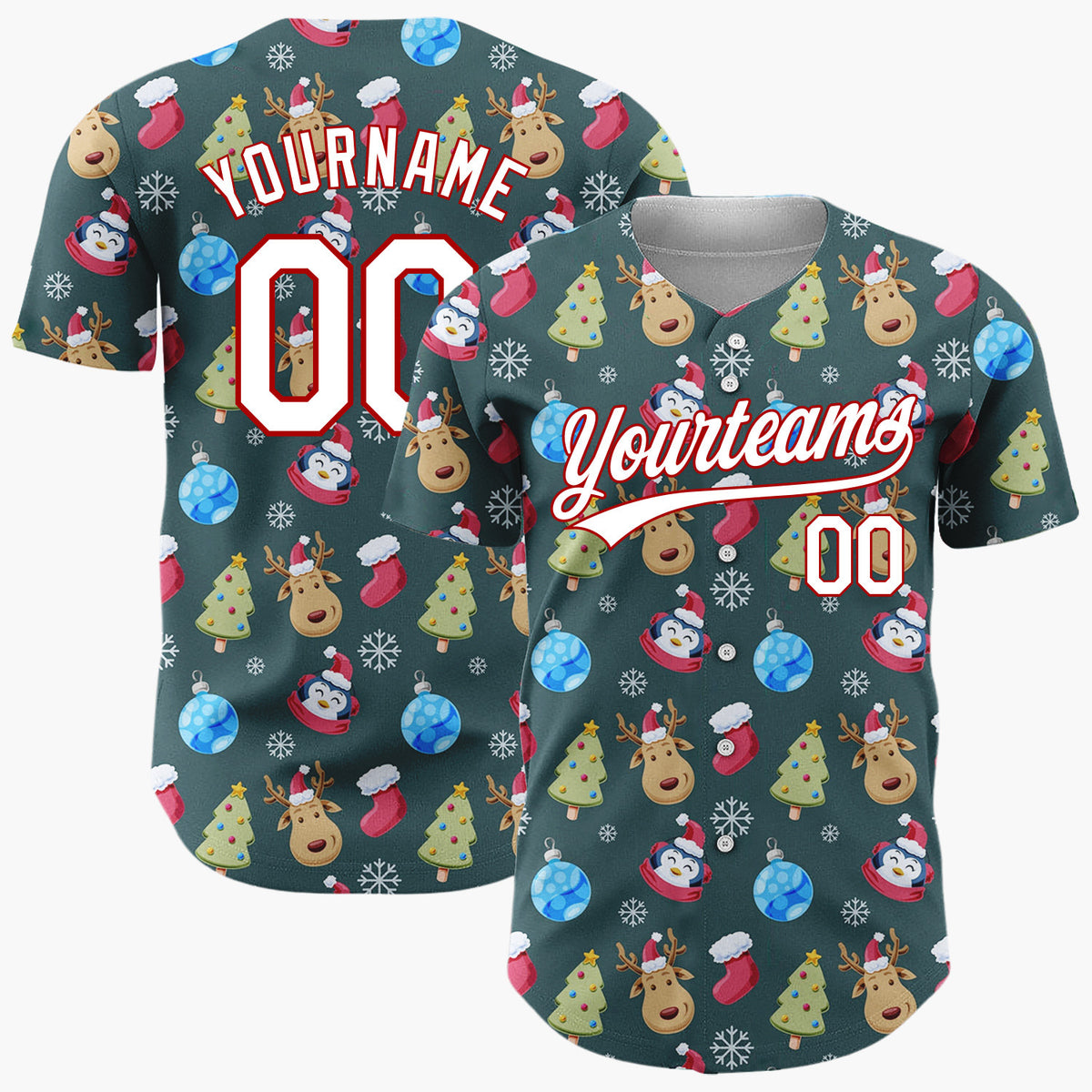 Custom Dark Green Blue Reindeers Penguins And Christmas Trees Cute Holiday Pattern Christmas Baseball Jersey