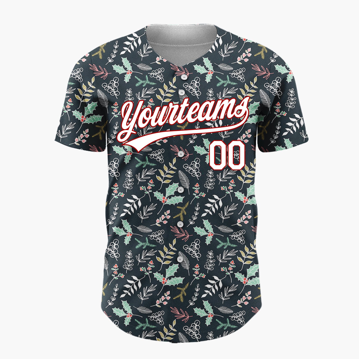 Custom Dark Blue Green Holly And Leaves Hand Drawn Botanical Pattern Christmas Baseball Jersey