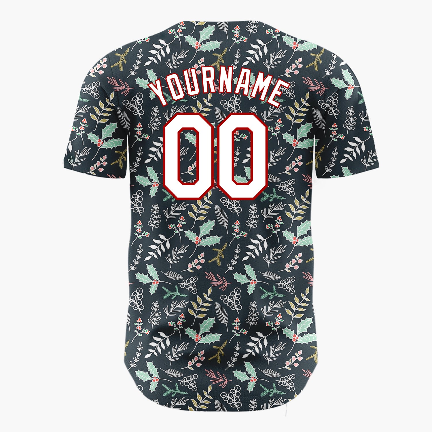Custom Dark Blue Green Holly And Leaves Hand Drawn Botanical Pattern Christmas Baseball Jersey