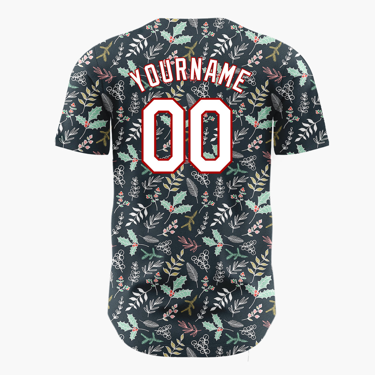 Custom Dark Blue Green Holly And Leaves Hand Drawn Botanical Pattern Christmas Baseball Jersey
