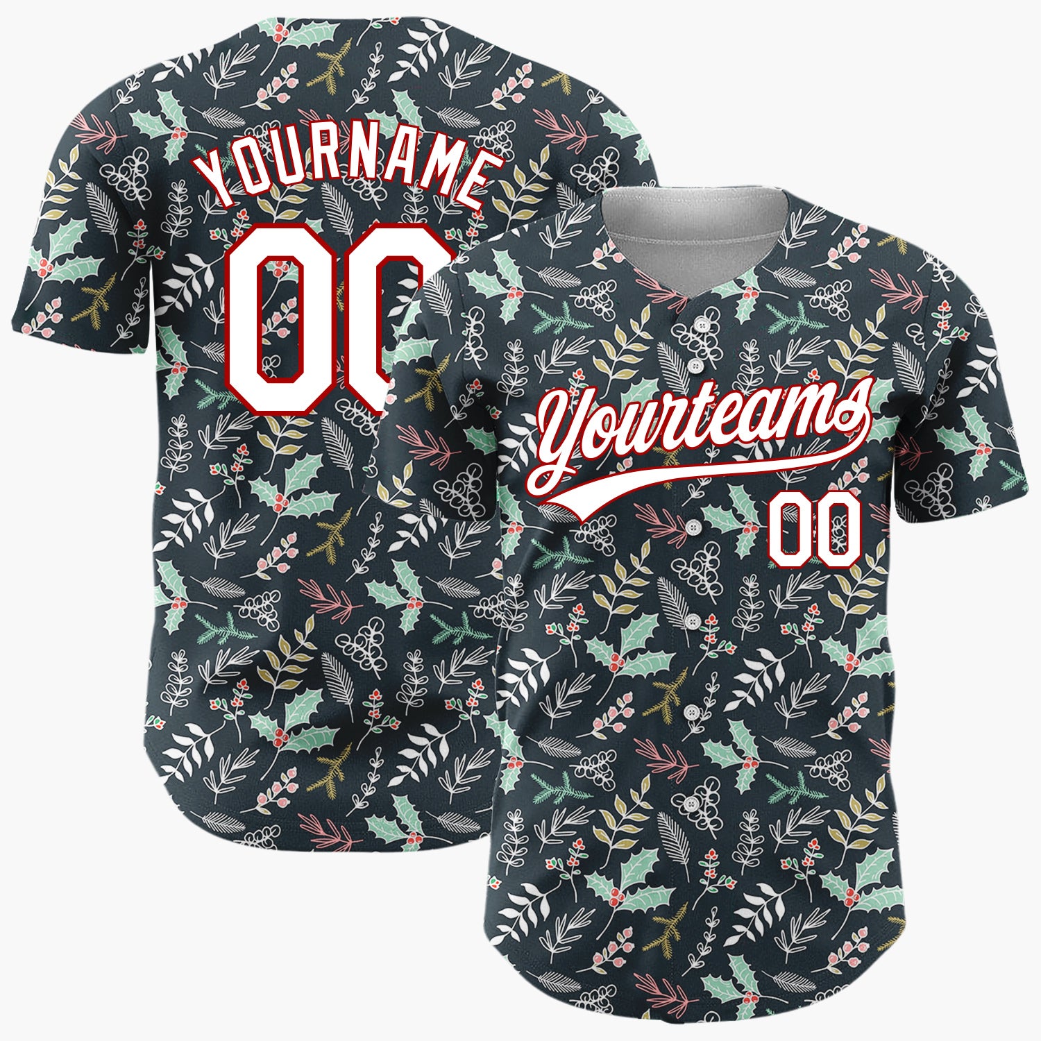 Custom Dark Blue Green Holly And Leaves Hand Drawn Botanical Pattern Christmas Baseball Jersey