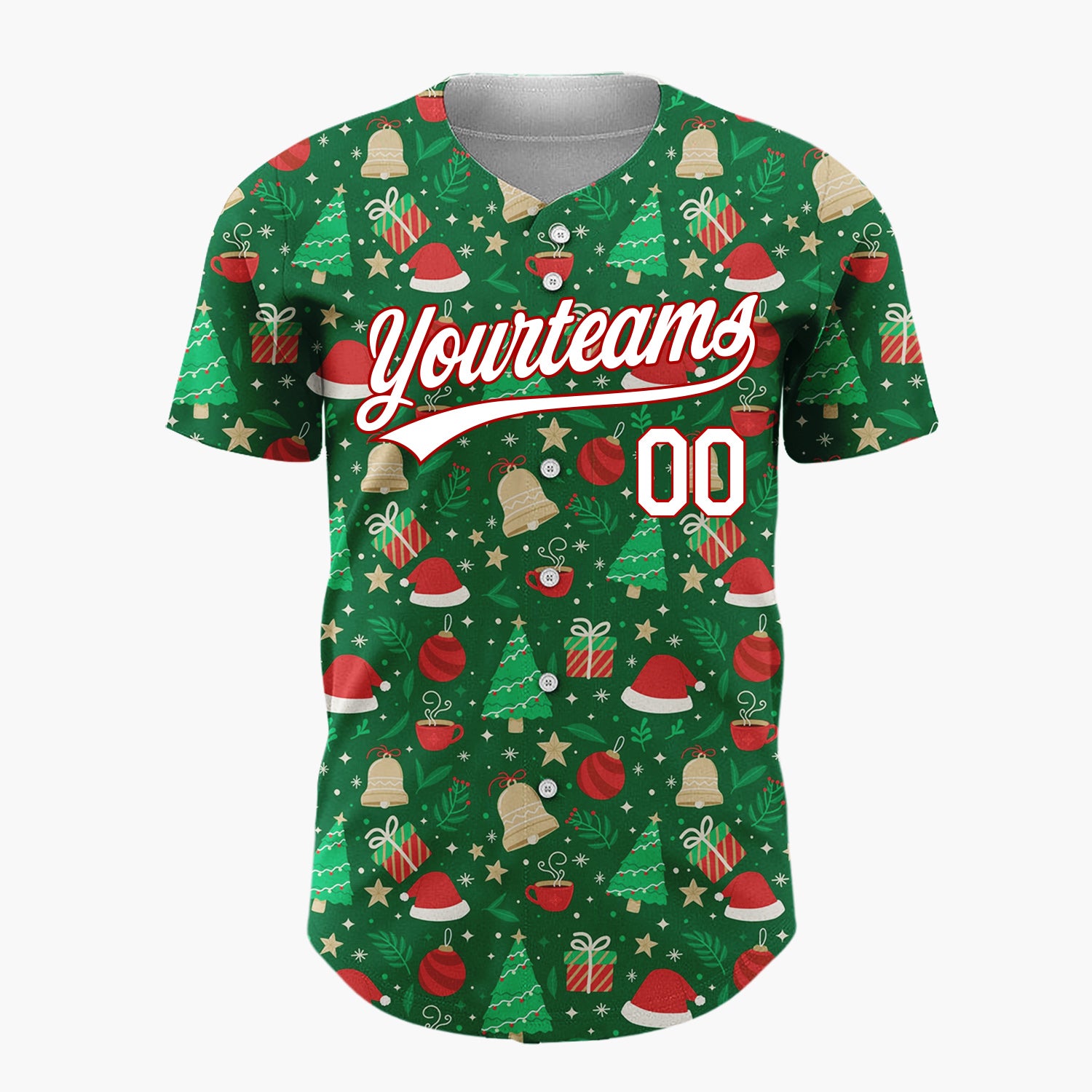 Custom Dark Green Christmas Trees Santa Doodles Cartoon Pattern Christmas Baseball Jersey