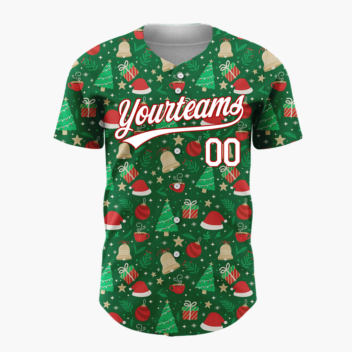 Custom Dark Green Christmas Trees Santa Doodles Cartoon Pattern Christmas Baseball Jersey