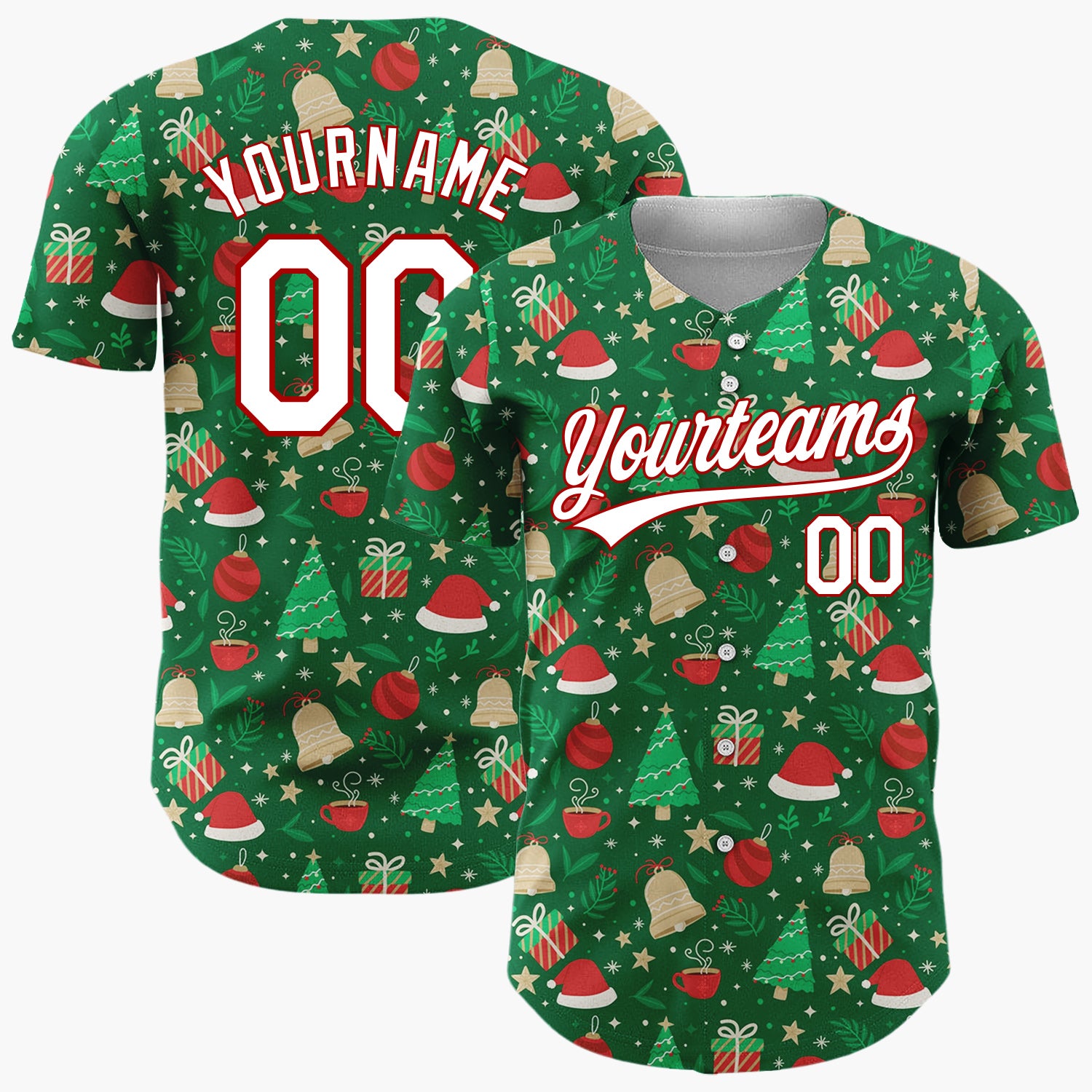 Custom Dark Green Christmas Trees Santa Doodles Cartoon Pattern Christmas Baseball Jersey