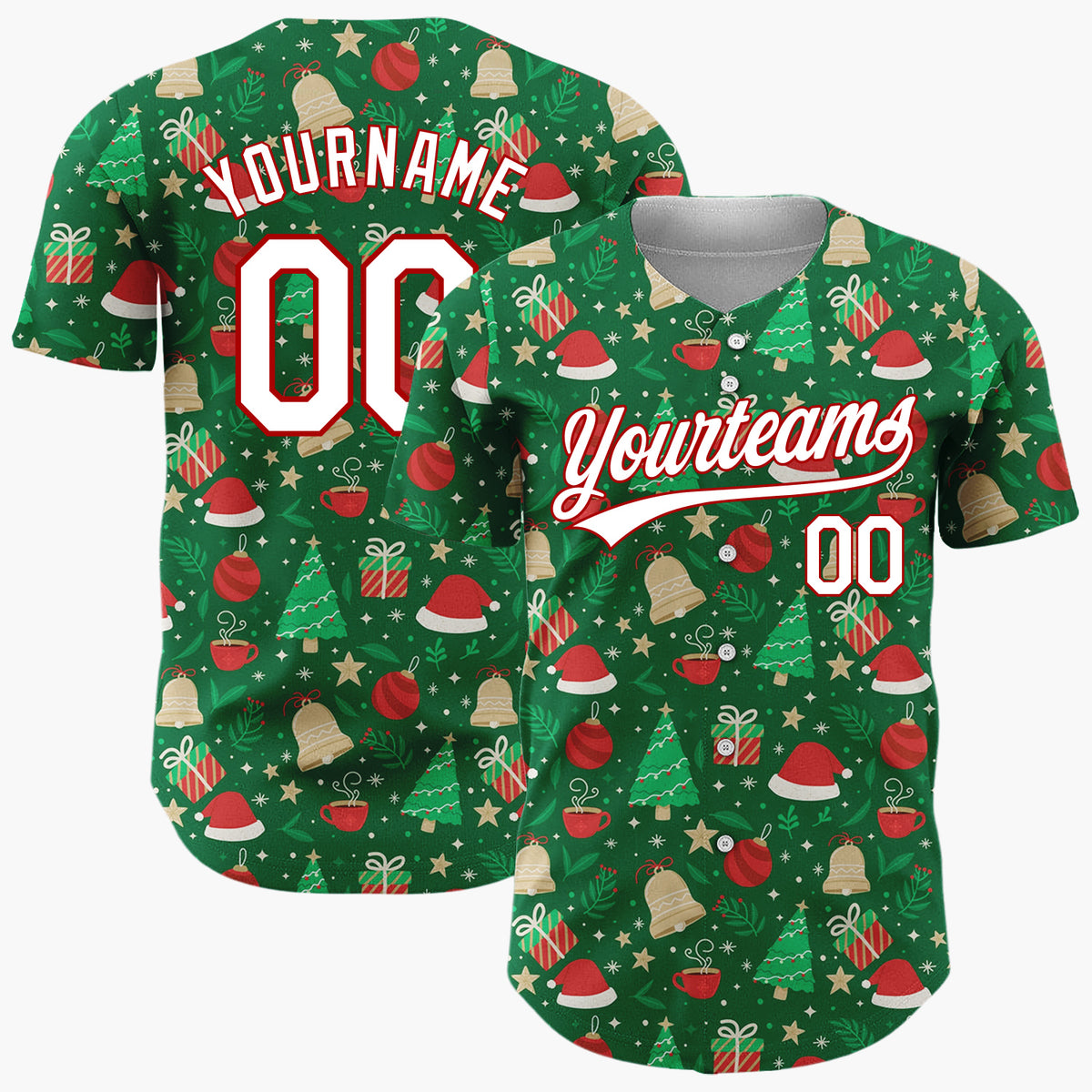 Custom Dark Green Christmas Trees Santa Doodles Cartoon Pattern Christmas Baseball Jersey