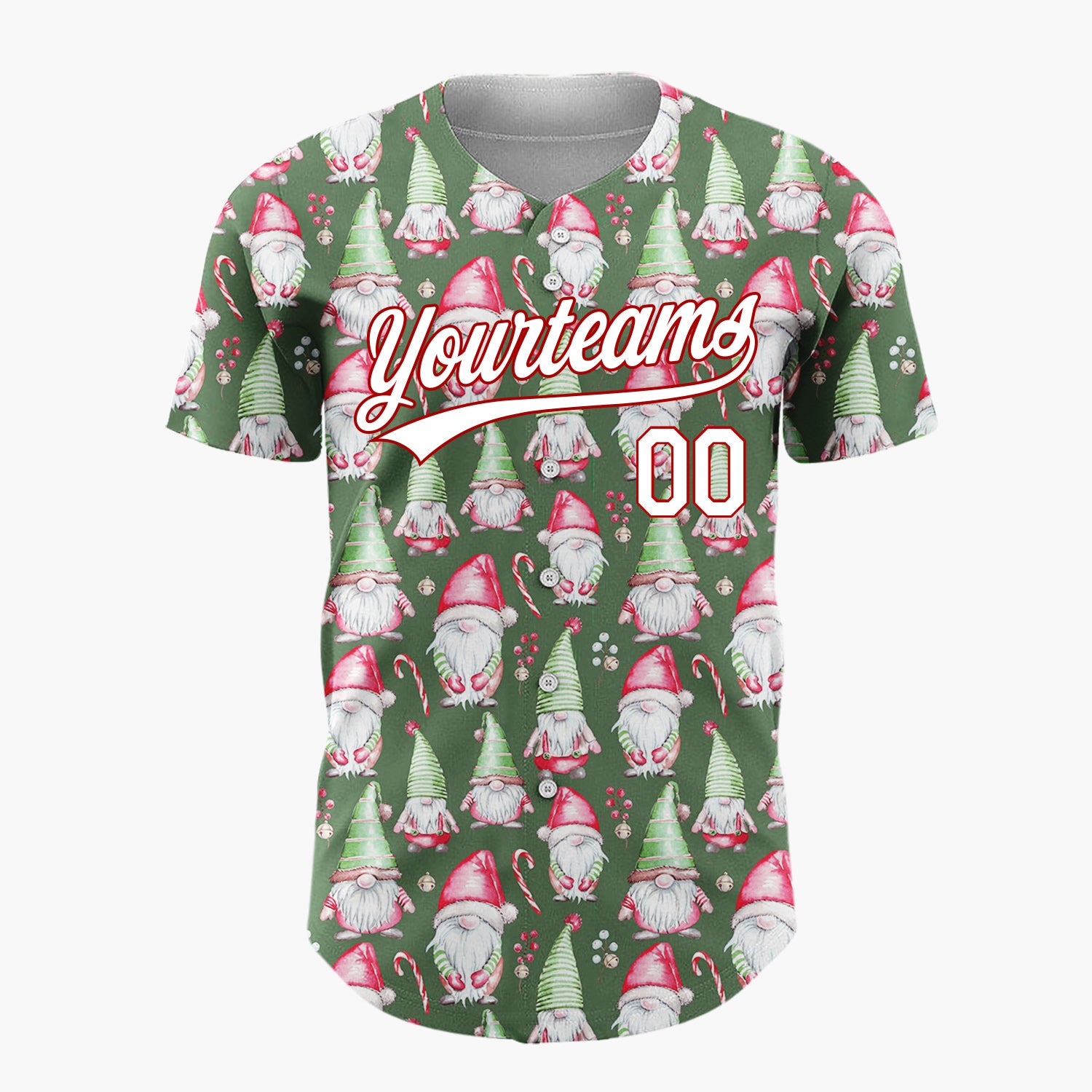 Custom Dark Green Gnomes And Candy Canes Watercolor Christmas Baseball Jersey