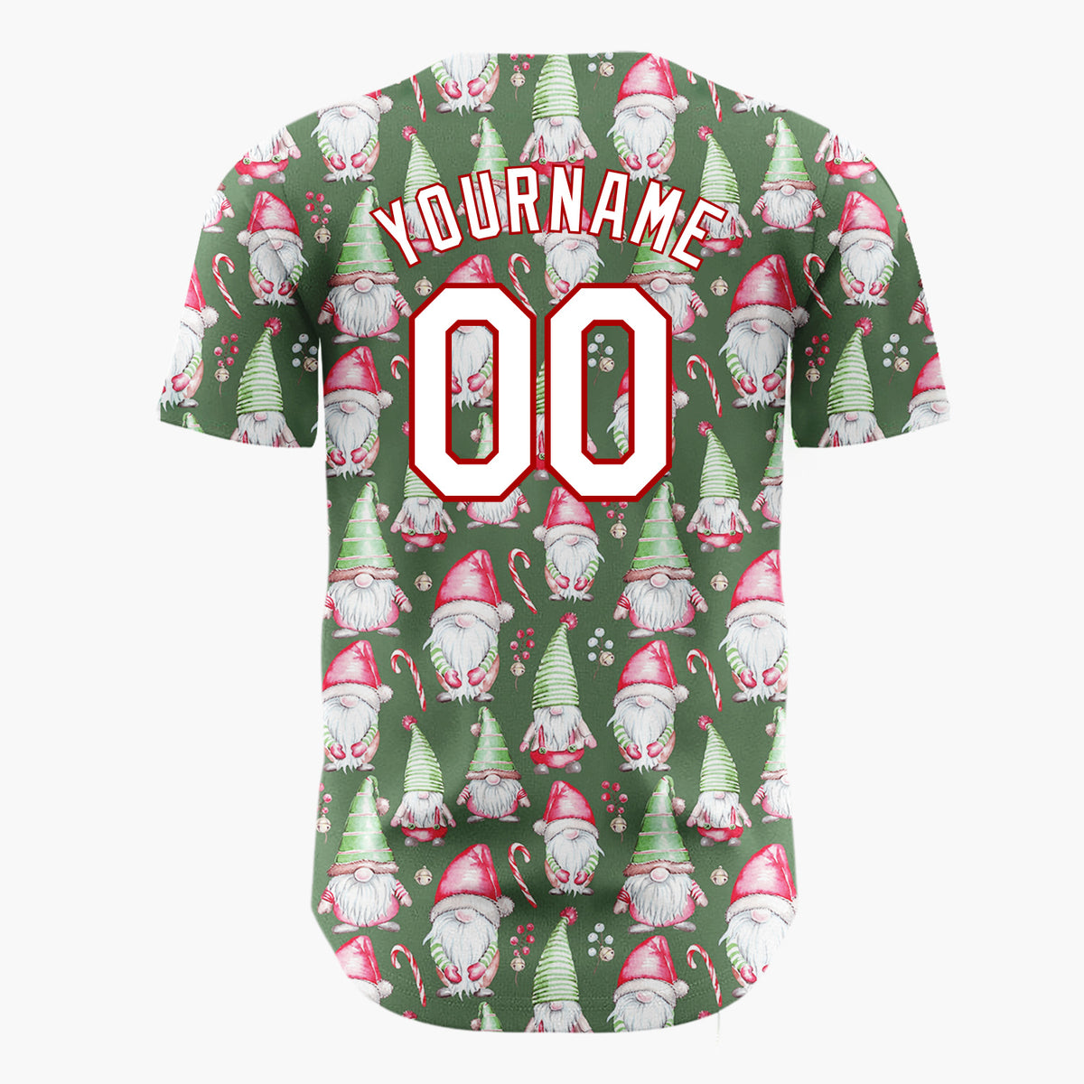 Custom Dark Green Gnomes And Candy Canes Watercolor Christmas Baseball Jersey