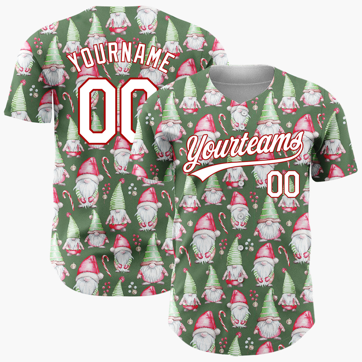 Custom Dark Green Gnomes And Candy Canes Watercolor Christmas Baseball Jersey