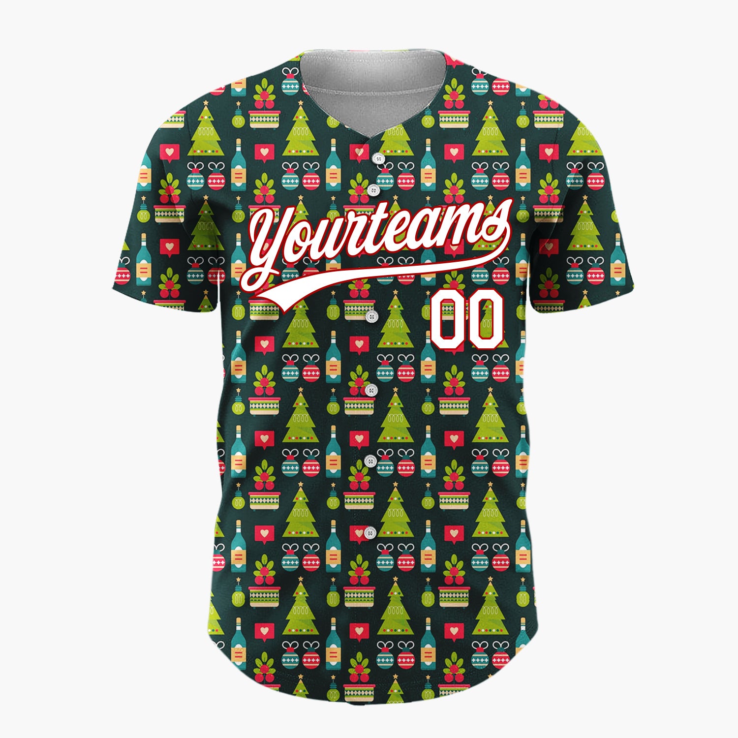 Custom Dark Green Christmas Village Festive Cartoon Pattern Christmas Baseball Jersey