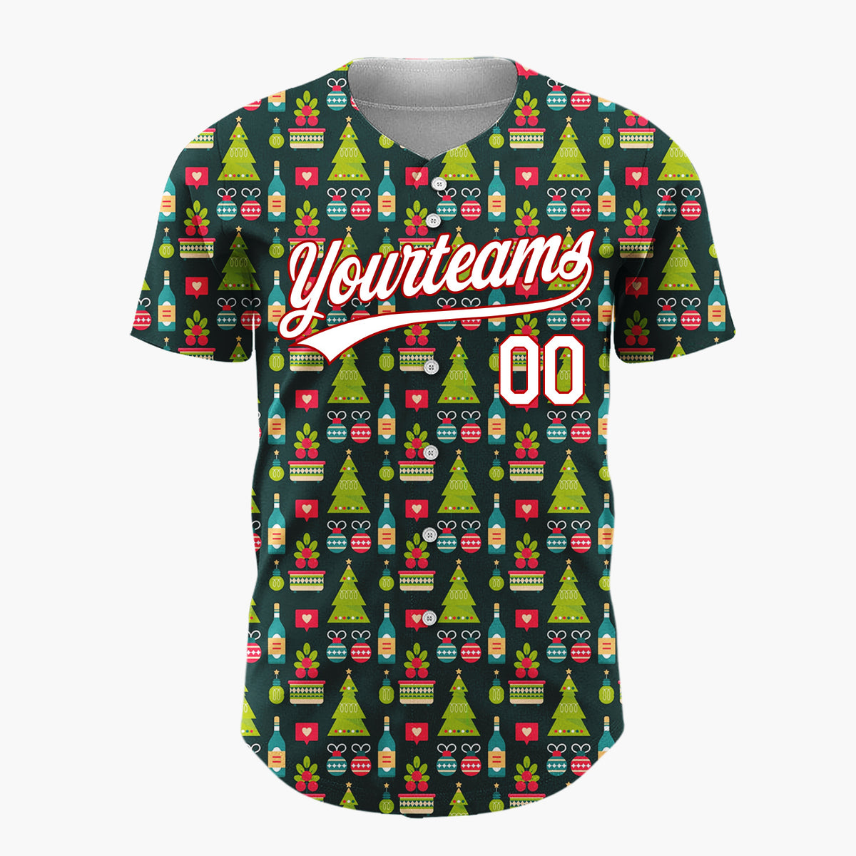 Custom Dark Green Christmas Village Festive Cartoon Pattern Christmas Baseball Jersey