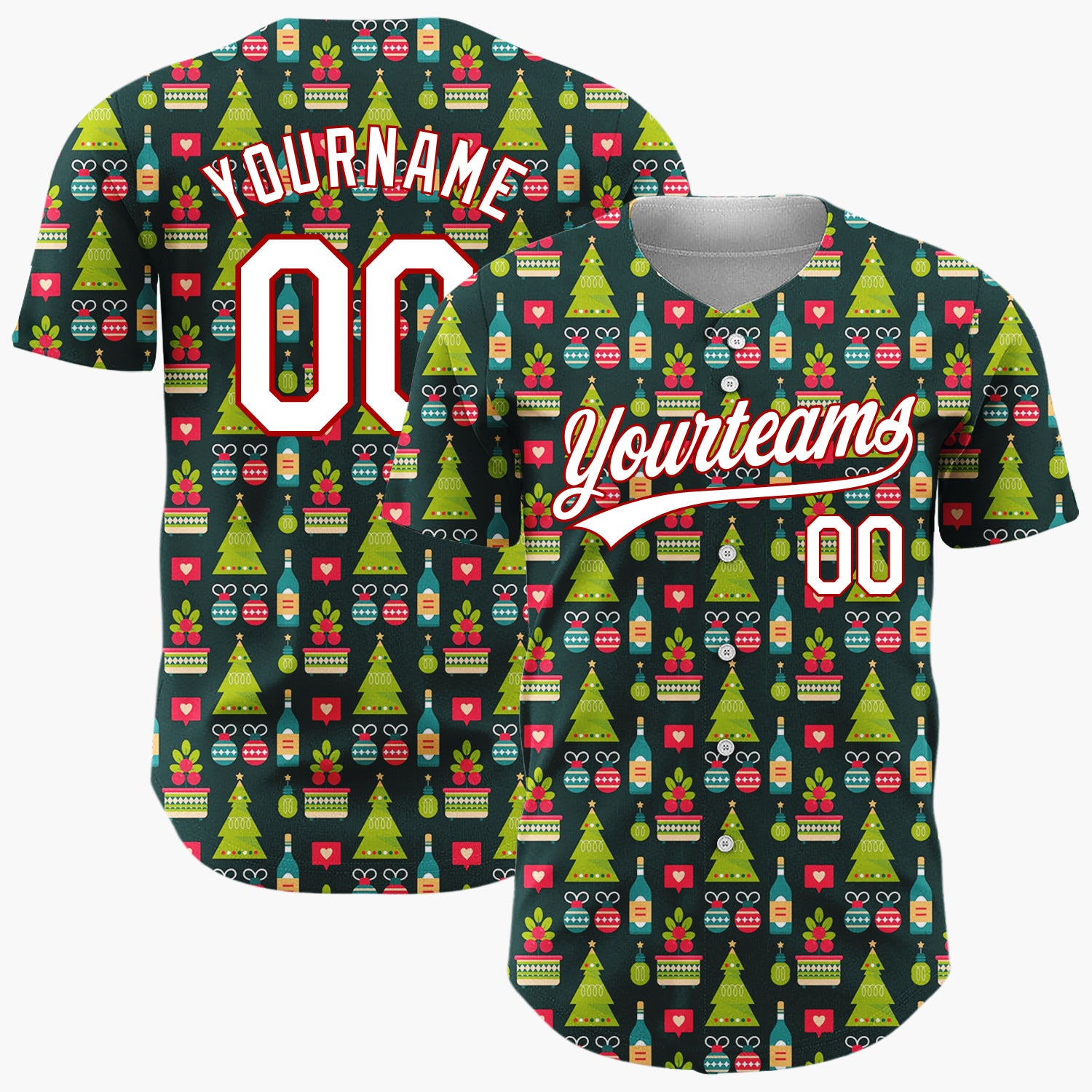 Custom Dark Green Christmas Village Festive Cartoon Pattern Christmas Baseball Jersey