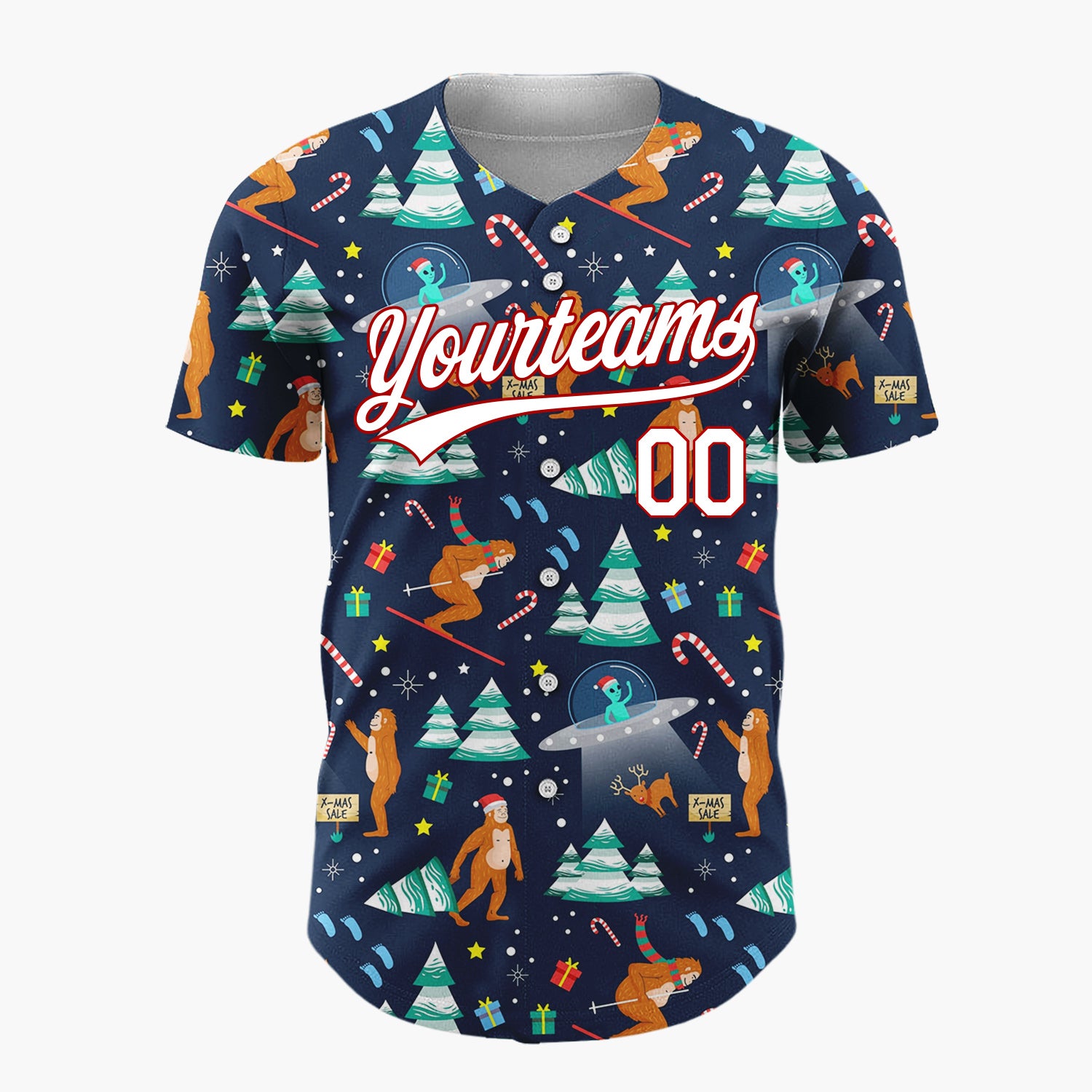 Custom Dark Blue Multicolor Bigfoot Yeti UFO Christmas Baseball Jersey