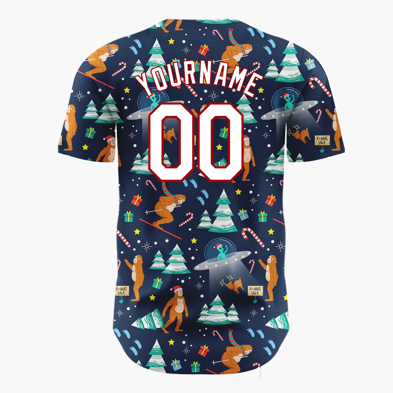 Custom Dark Blue Multicolor Bigfoot Yeti UFO Christmas Baseball Jersey