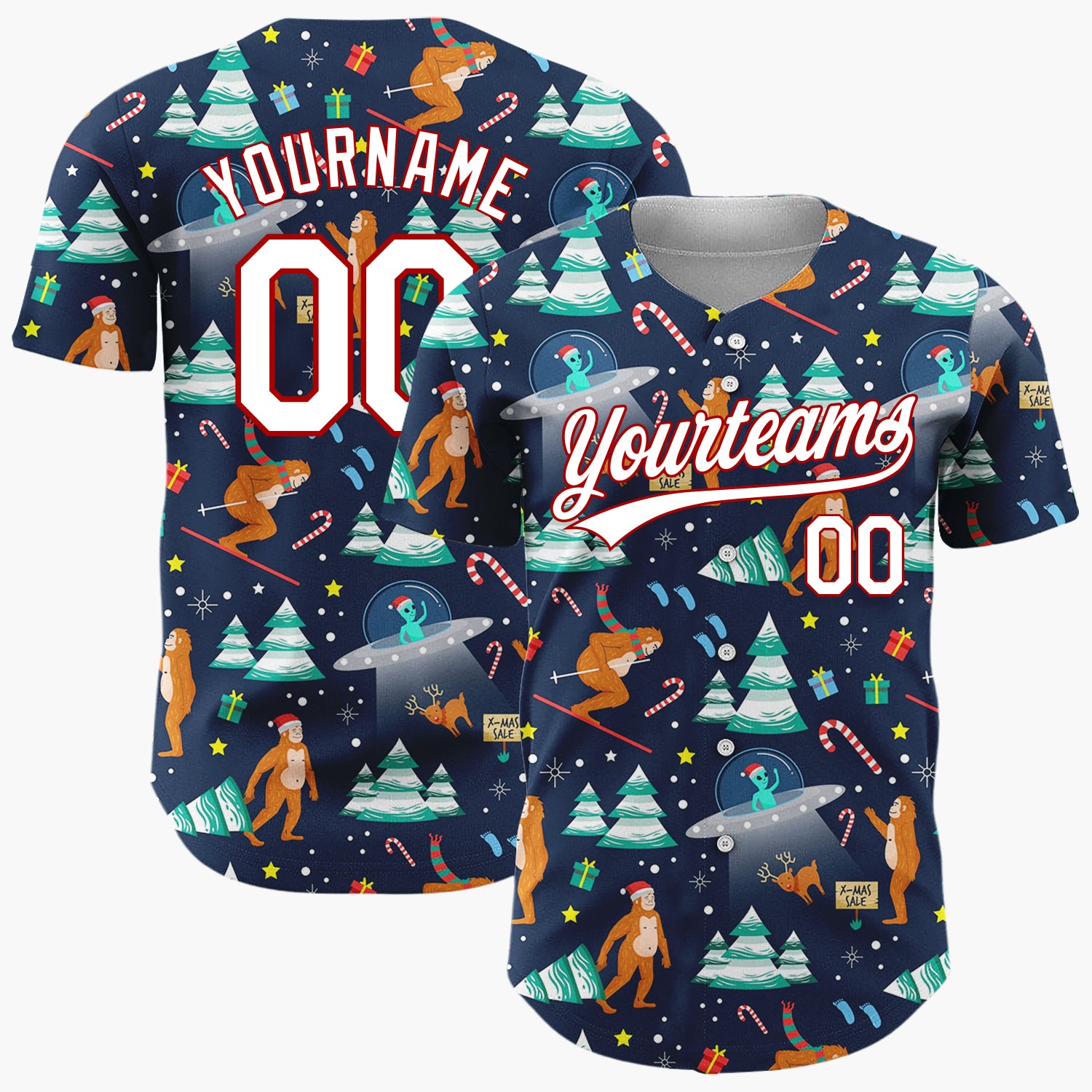 Custom Dark Blue Multicolor Bigfoot Yeti UFO Christmas Baseball Jersey