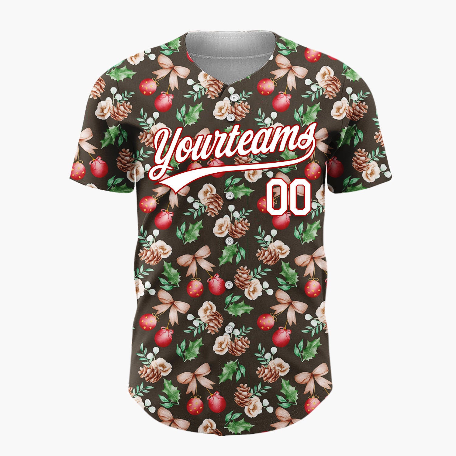 Custom Dark Brown Red Green Watercolor Botanical Christmas Baseball Jersey