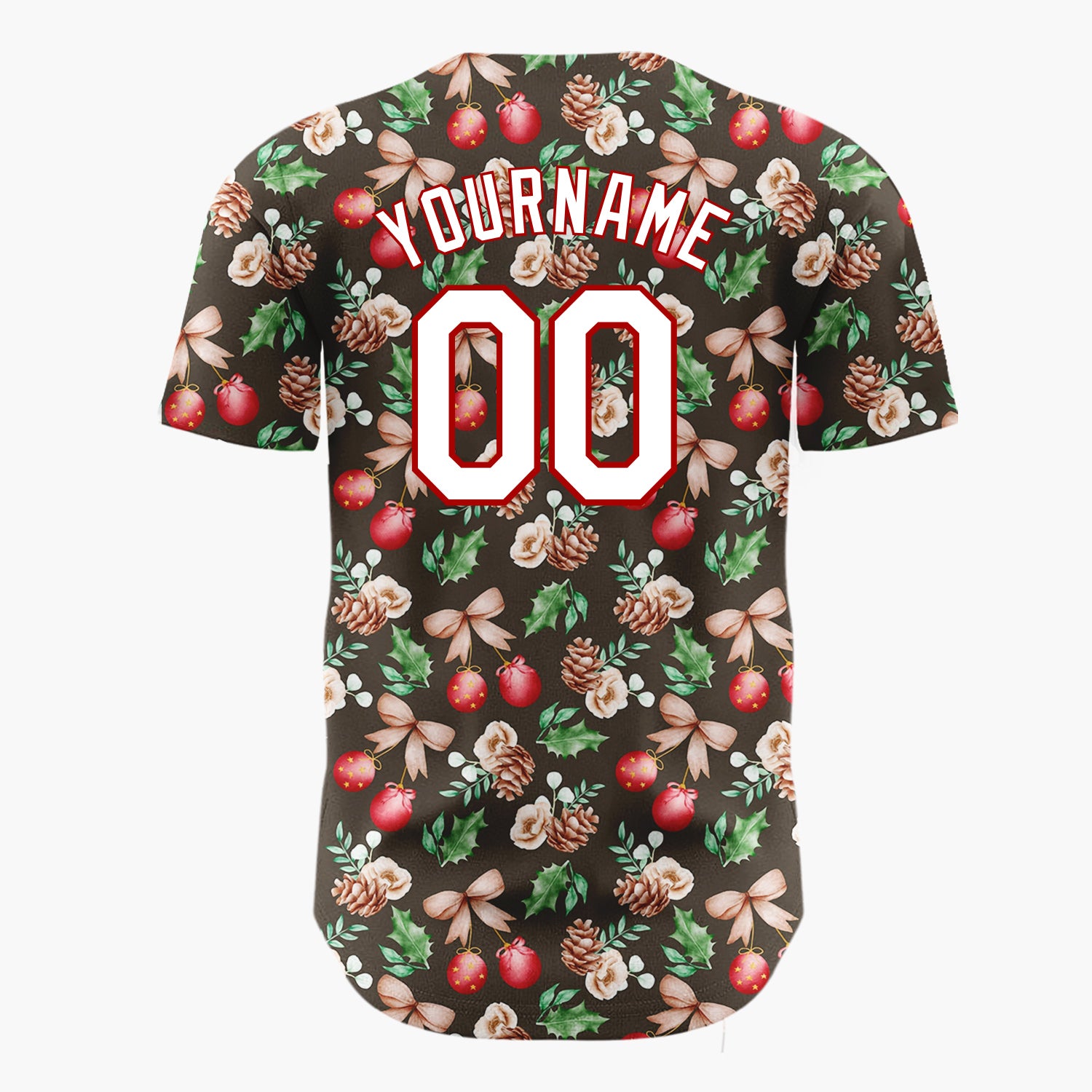 Custom Dark Brown Red Green Watercolor Botanical Christmas Baseball Jersey