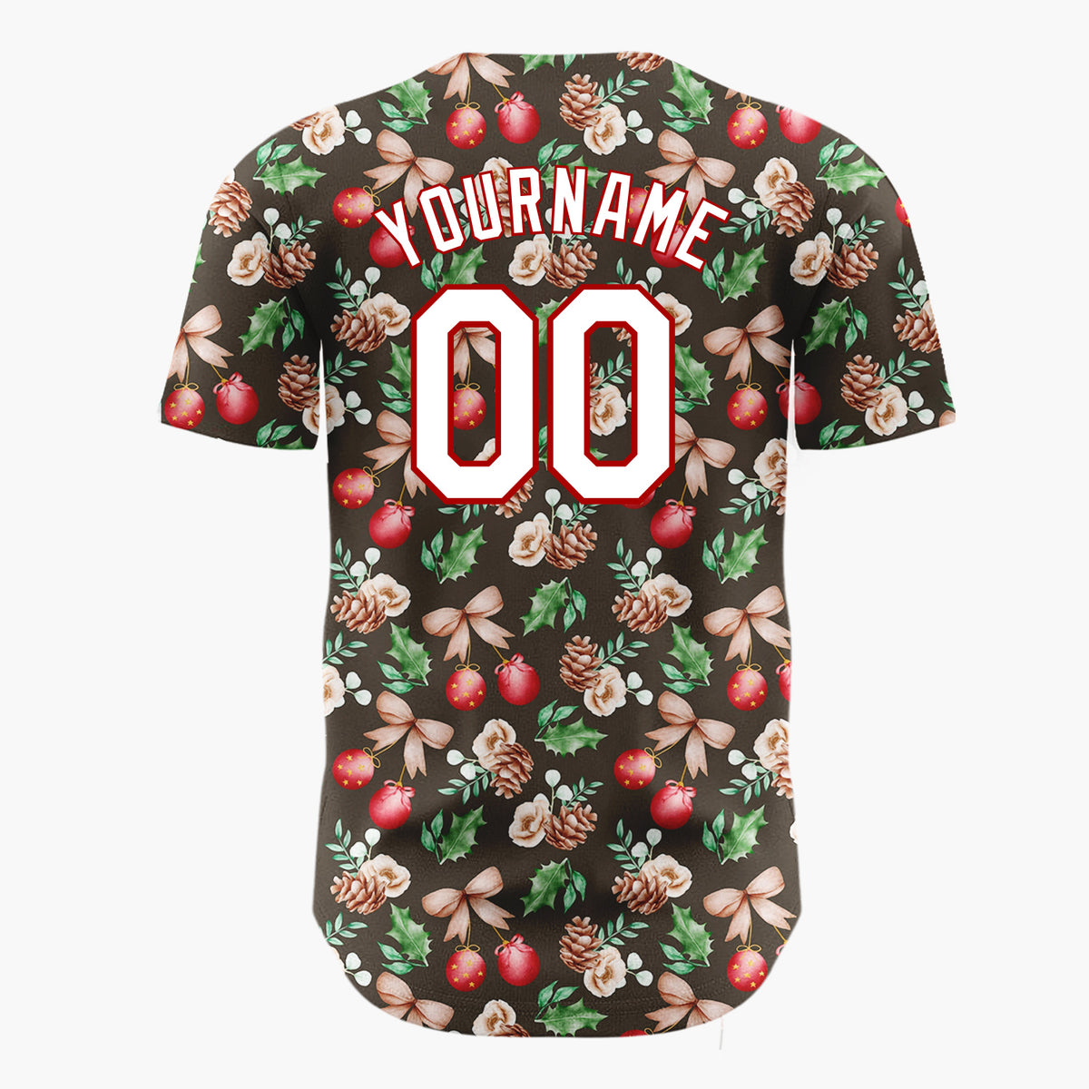 Custom Dark Brown Red Green Watercolor Botanical Christmas Baseball Jersey