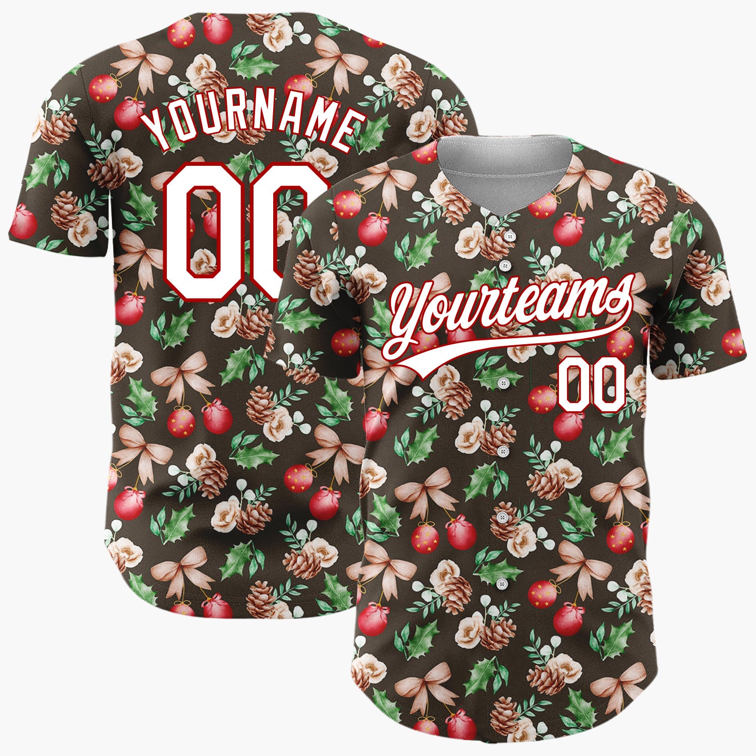 Custom Dark Brown Red Green Watercolor Botanical Christmas Baseball Jersey