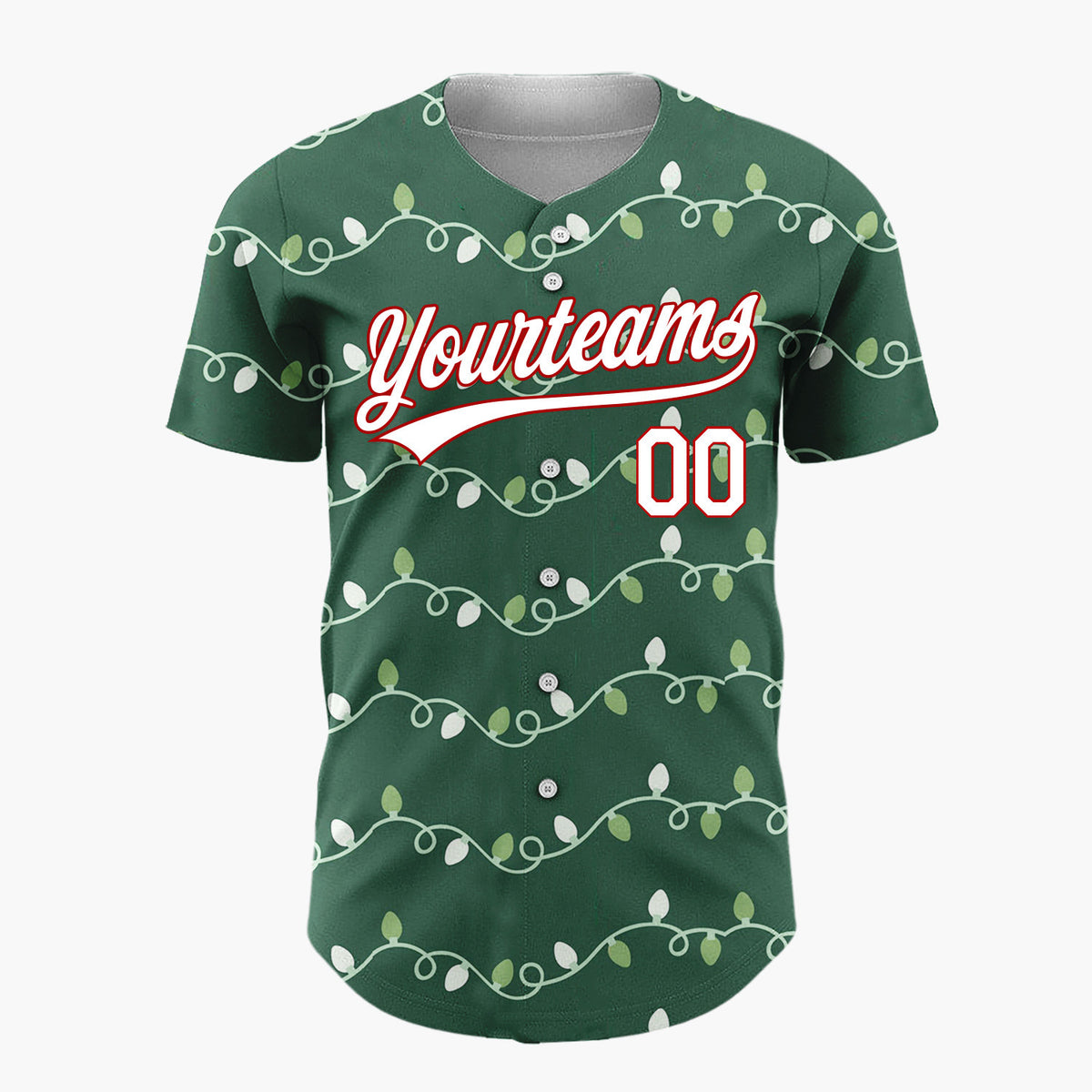 Custom Dark Green Christmas Lights Garland Cartoon Pattern Christmas Baseball Jersey