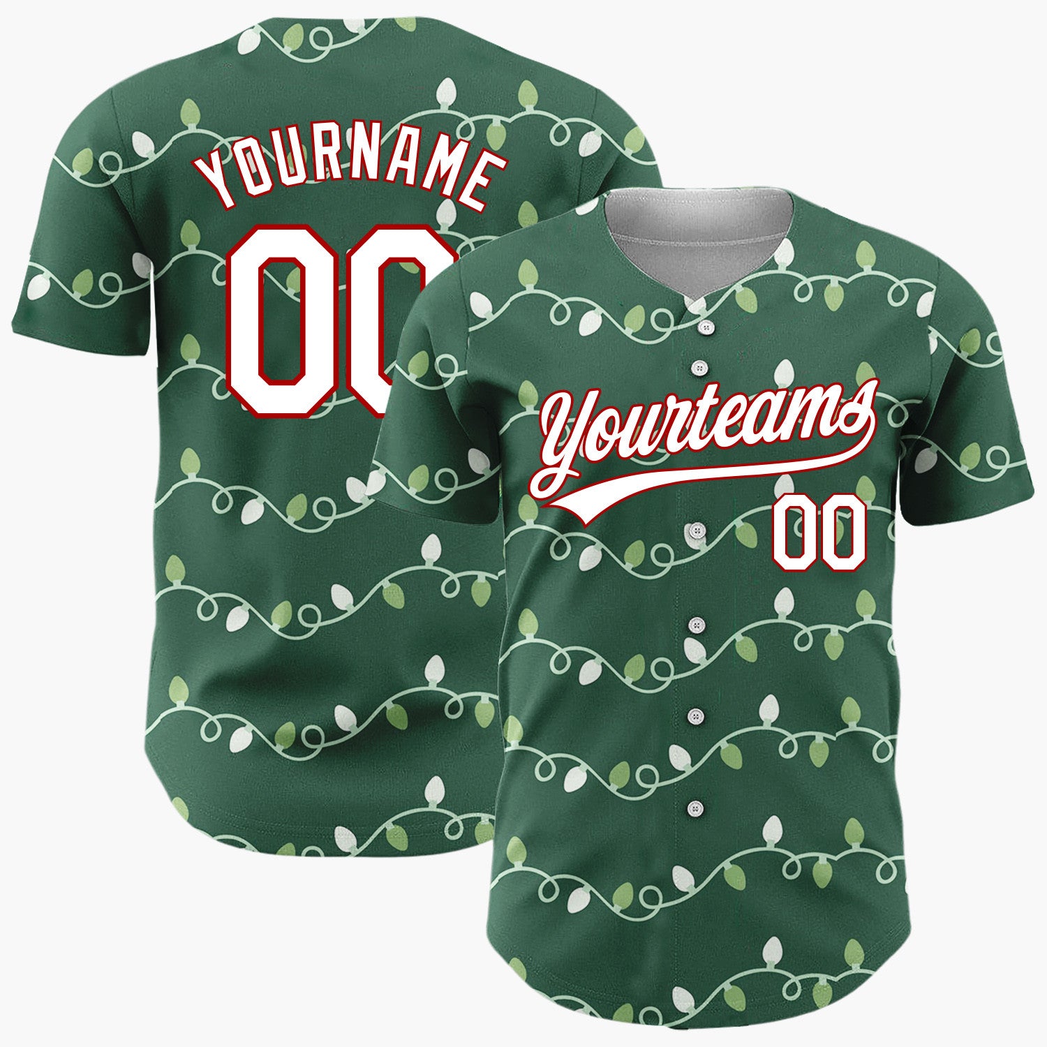 Custom Dark Green Christmas Lights Garland Cartoon Pattern Christmas Baseball Jersey