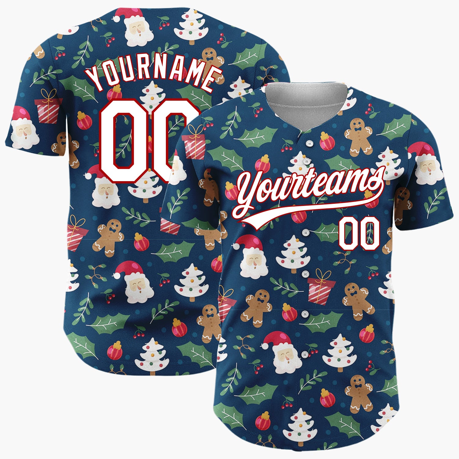 Custom Dark Blue Festive Christmas Doodles Cartoon Pattern Christmas Baseball Jersey