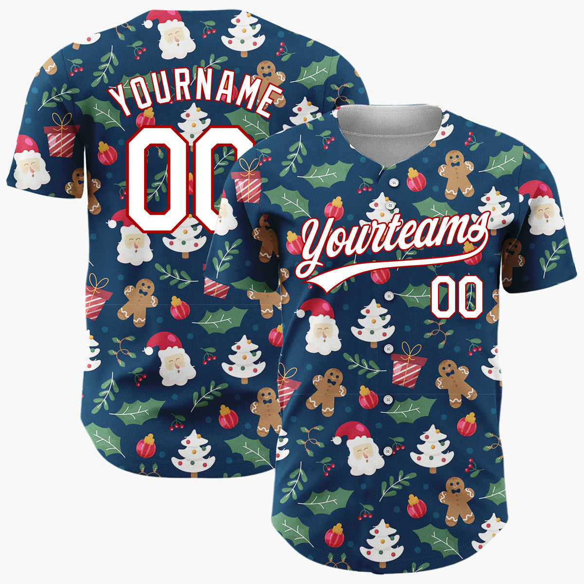 Custom Dark Blue Festive Christmas Doodles Cartoon Pattern Christmas Baseball Jersey