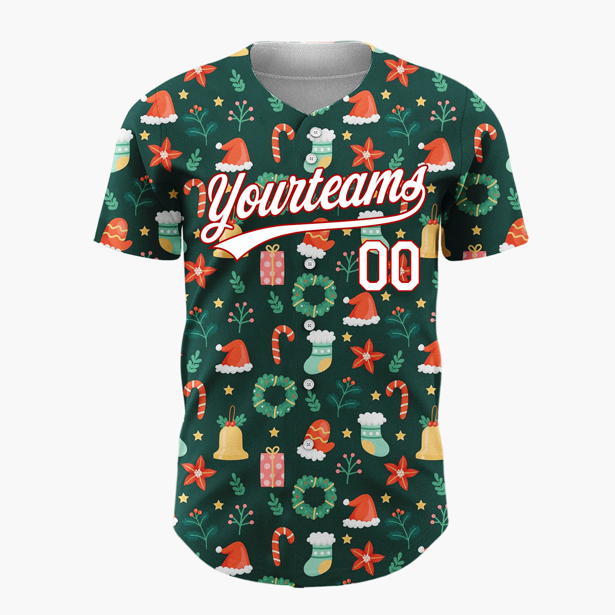 Custom Dark Green Christmas Icons Festive Doodles Cartoon Pattern Christmas Baseball Jersey
