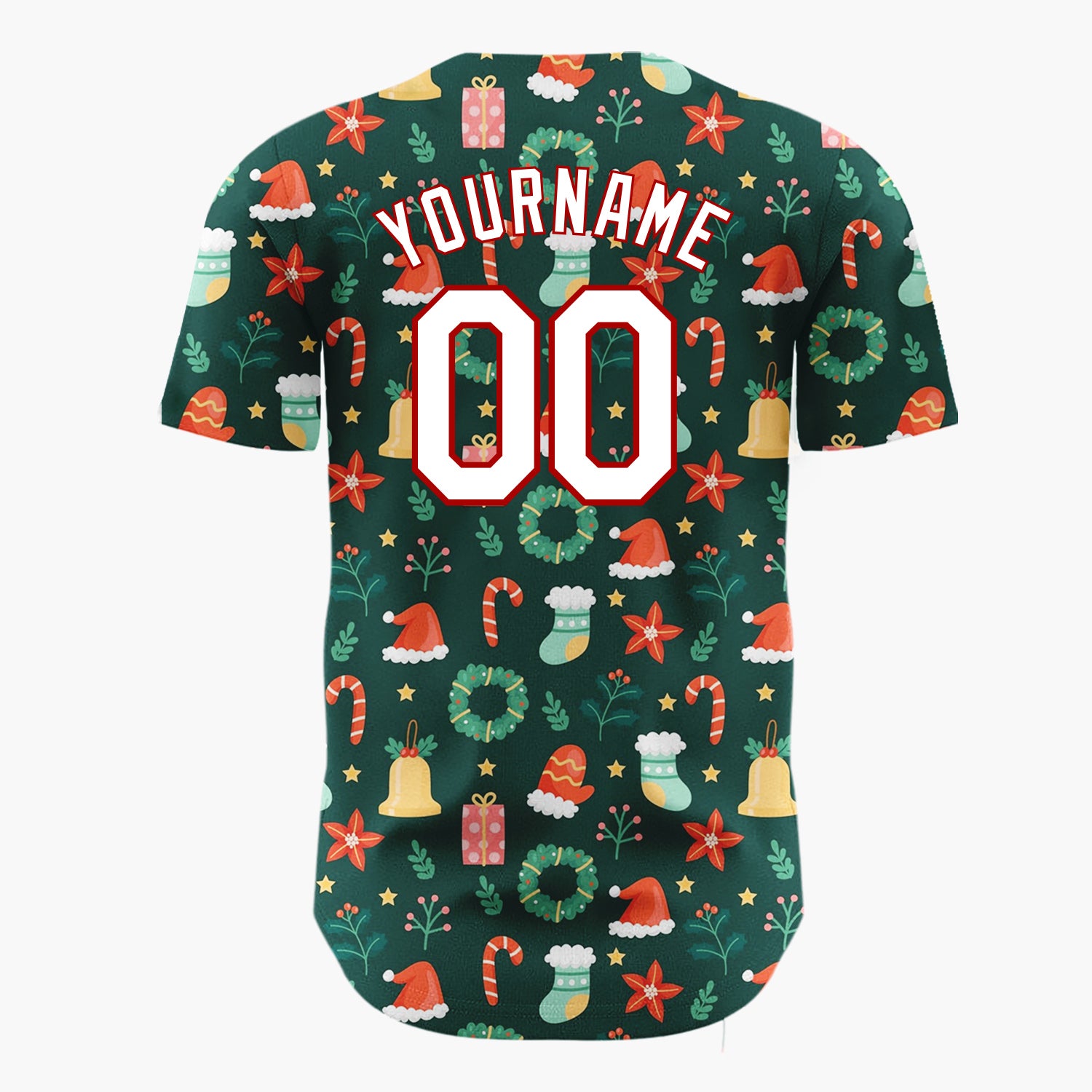 Custom Dark Green Christmas Icons Festive Doodles Cartoon Pattern Christmas Baseball Jersey