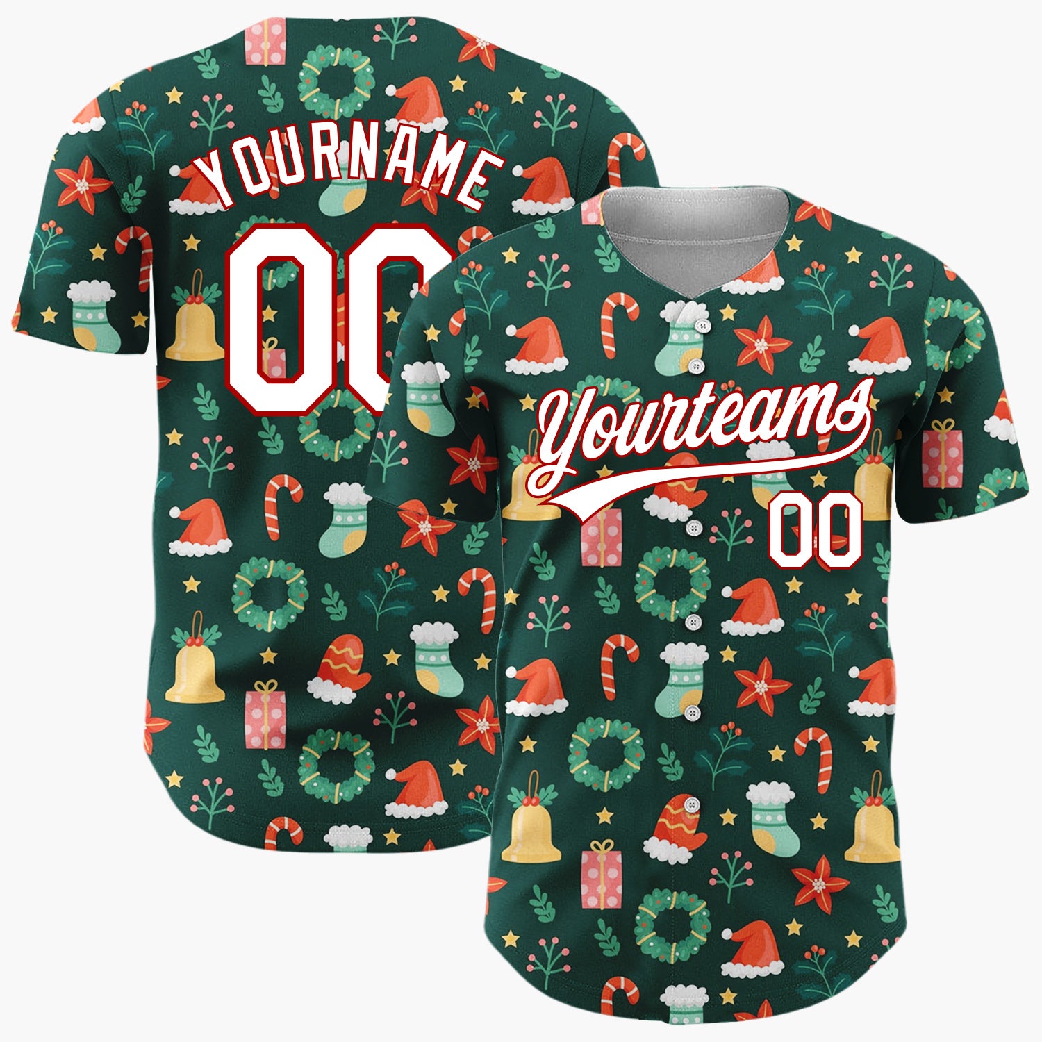 Custom Dark Green Christmas Icons Festive Doodles Cartoon Pattern Christmas Baseball Jersey