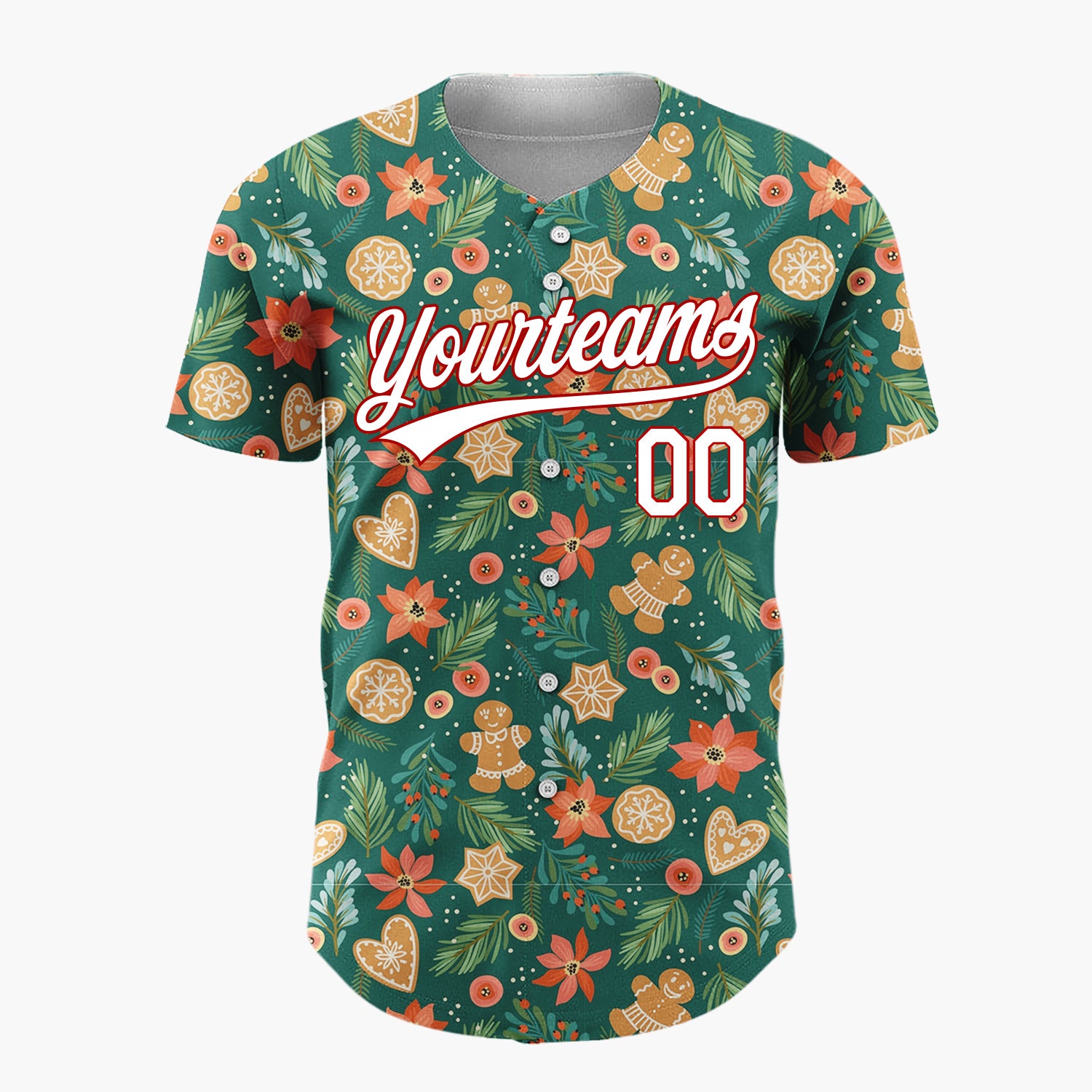 Custom Dark Green Christmas Flowers Botanicals Cartoon Pattern Christmas Baseball Jersey