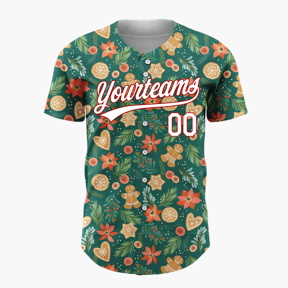 Custom Dark Green Christmas Flowers Botanicals Cartoon Pattern Christmas Baseball Jersey