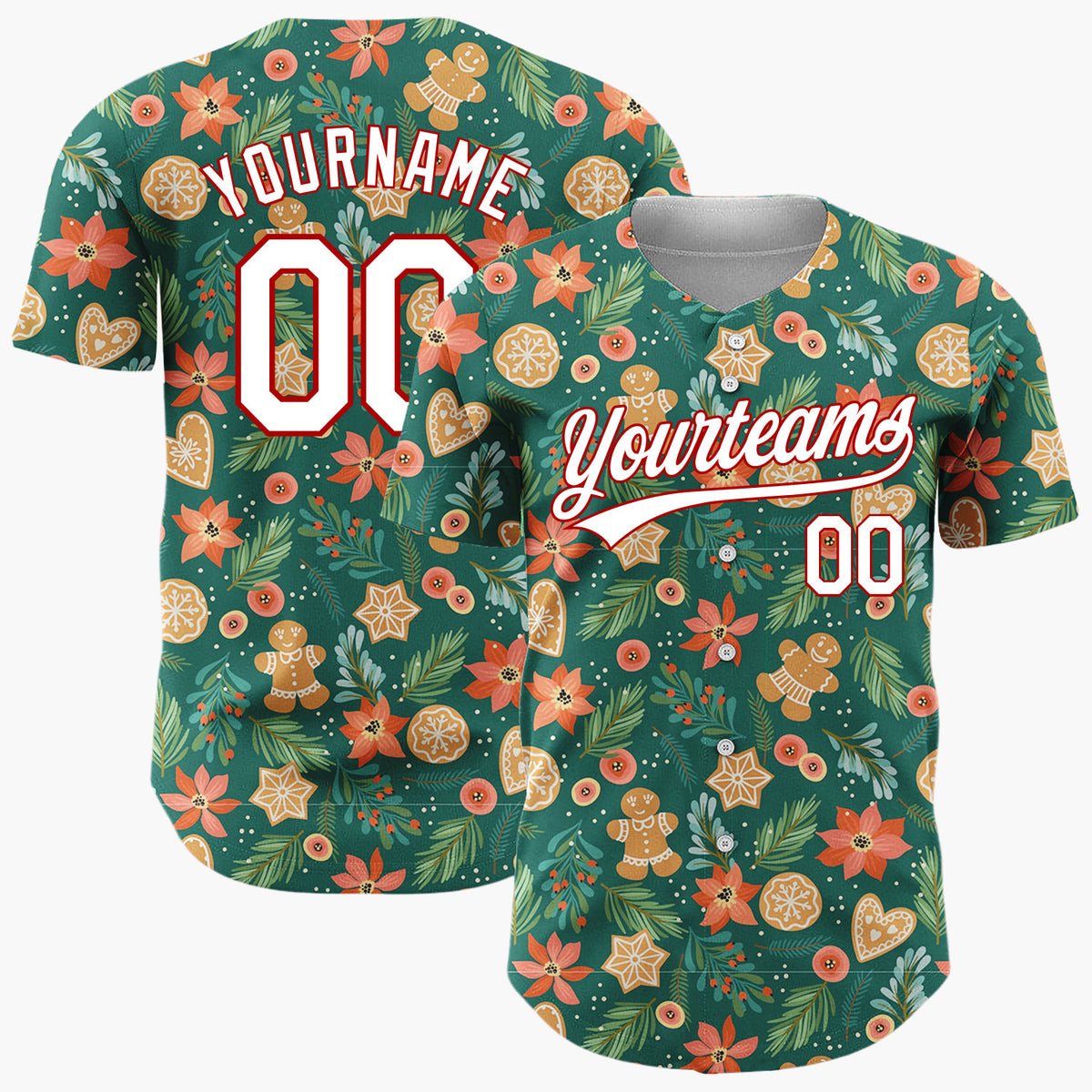 Custom Dark Green Christmas Flowers Botanicals Cartoon Pattern Christmas Baseball Jersey
