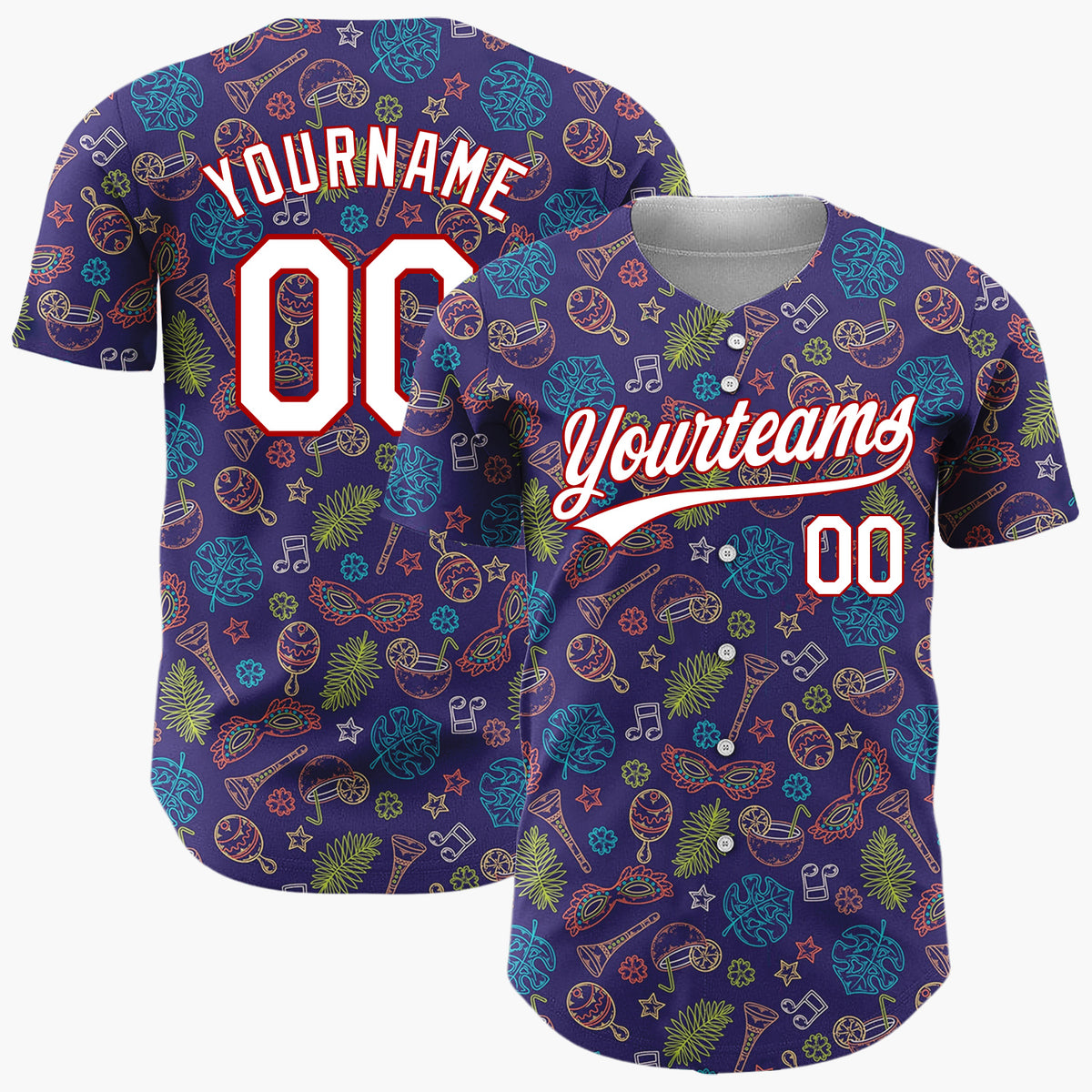 Custom Dark Blue Multicolor Outline Tropical Fiesta Pattern Christmas Baseball Jersey