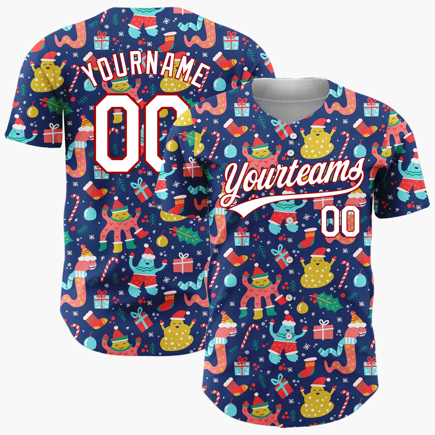 Custom Dark Blue Multicolor Funny Monster Gift Candy Cane Christmas Baseball Jersey