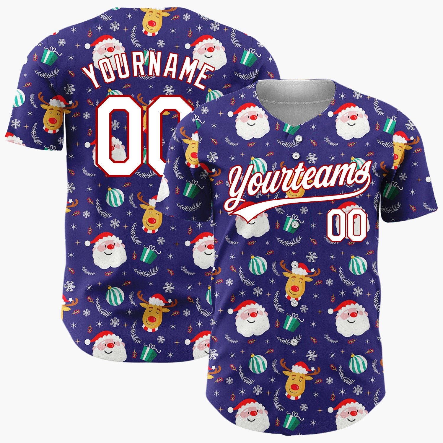Custom Dark Blue Santa Snowman Night Sky Cartoon Pattern Christmas Baseball Jersey