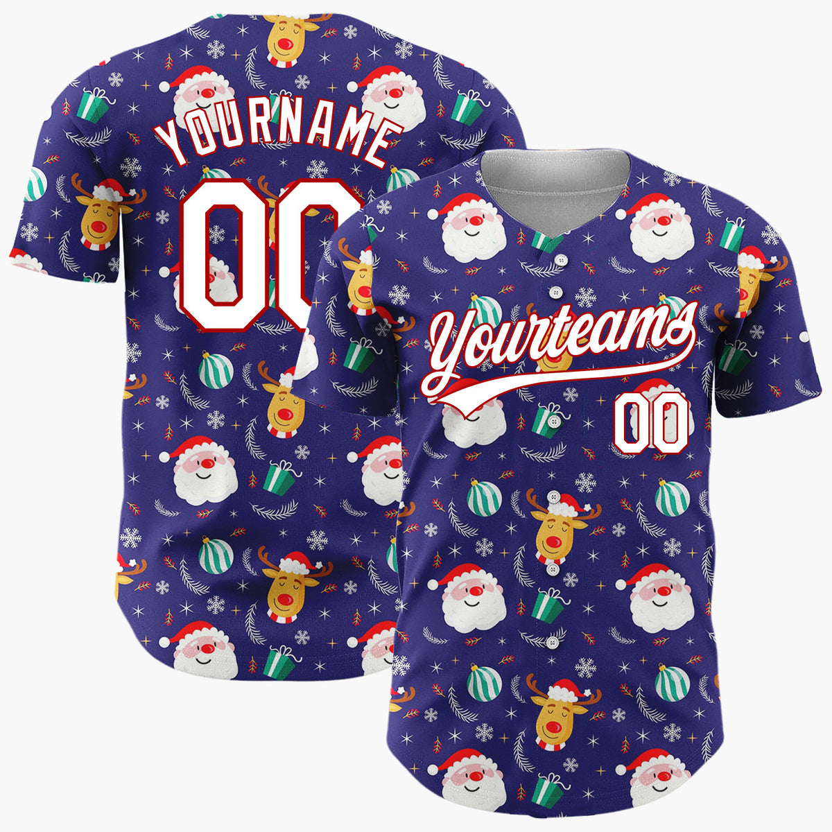 Custom Dark Blue Santa Snowman Night Sky Cartoon Pattern Christmas Baseball Jersey