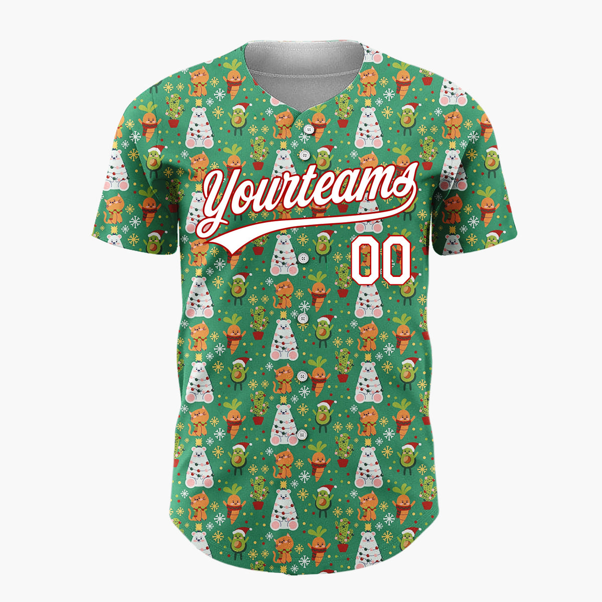 Custom Dark Green Christmas Trees Reindeer Cartoon Pattern Christmas Baseball Jersey