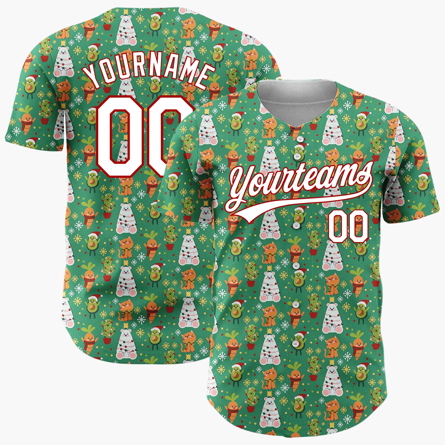 Custom Dark Green Christmas Trees Reindeer Cartoon Pattern Christmas Baseball Jersey