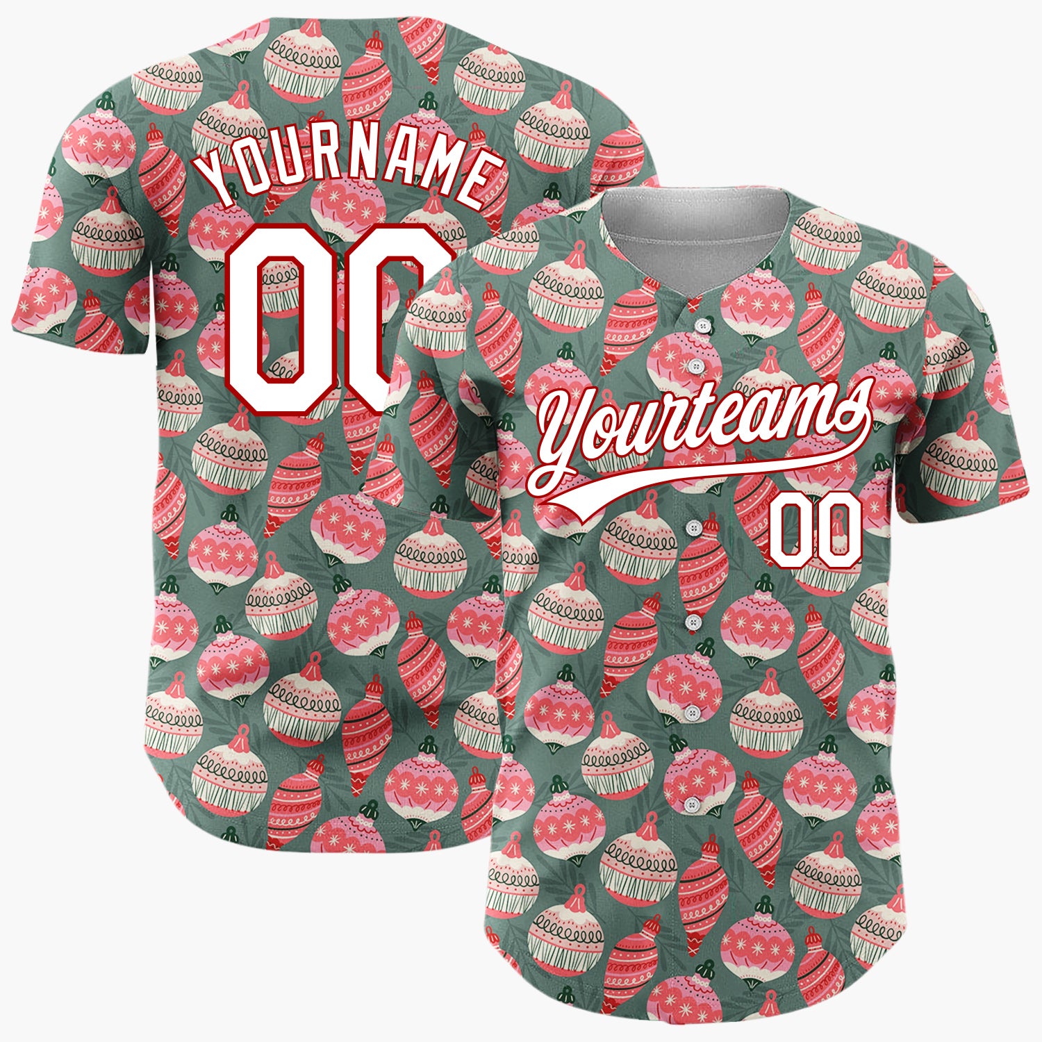 Custom Dark Green Pink Ornament Retro Pattern Christmas Baseball Jersey