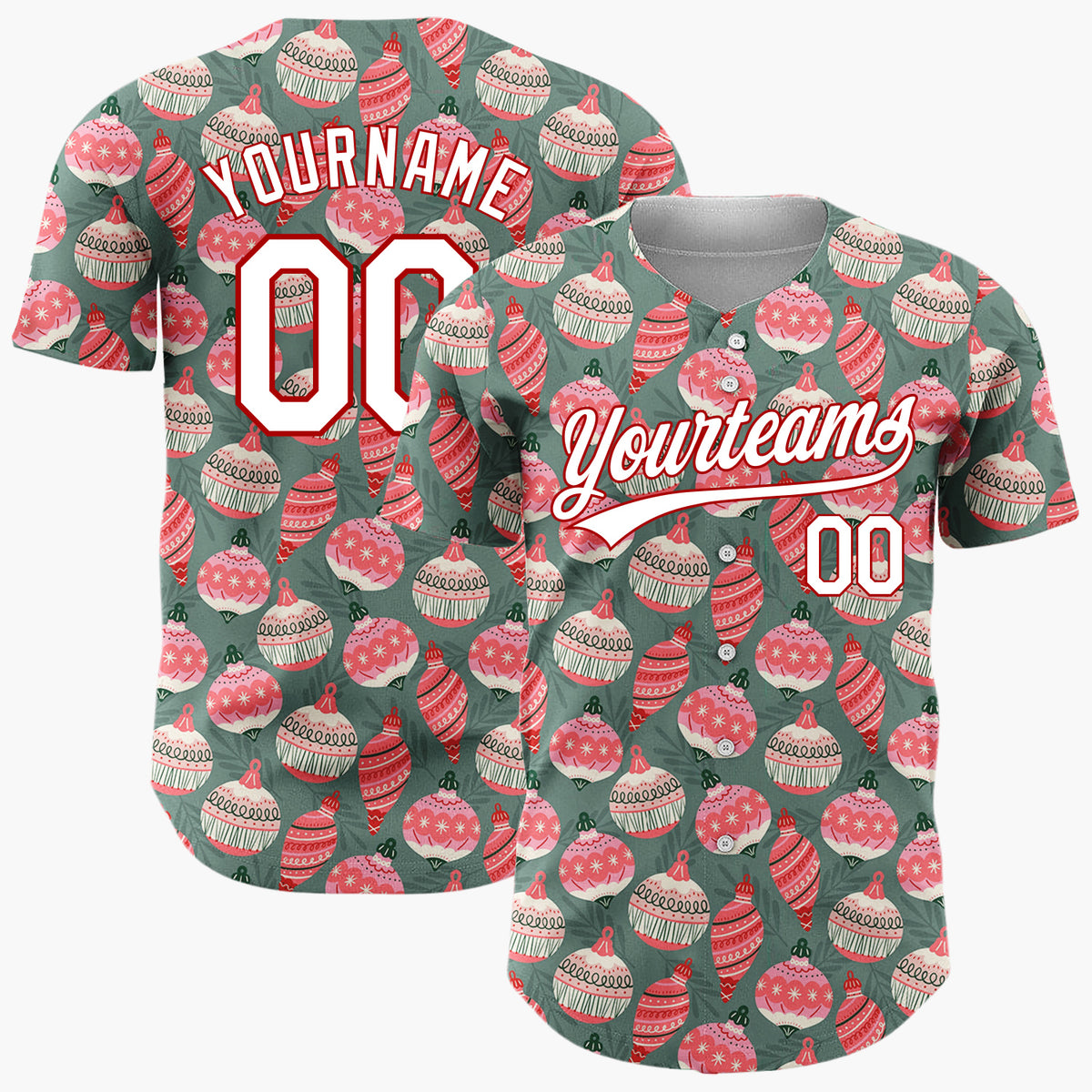 Custom Dark Green Pink Ornament Retro Pattern Christmas Baseball Jersey