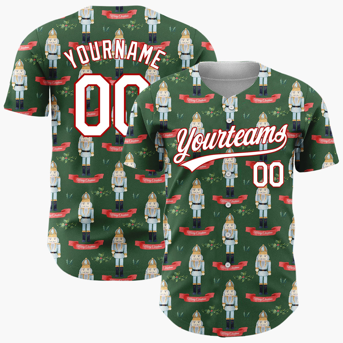 Custom Dark Green Nutcracker Watercolor Pattern Christmas Baseball Jersey