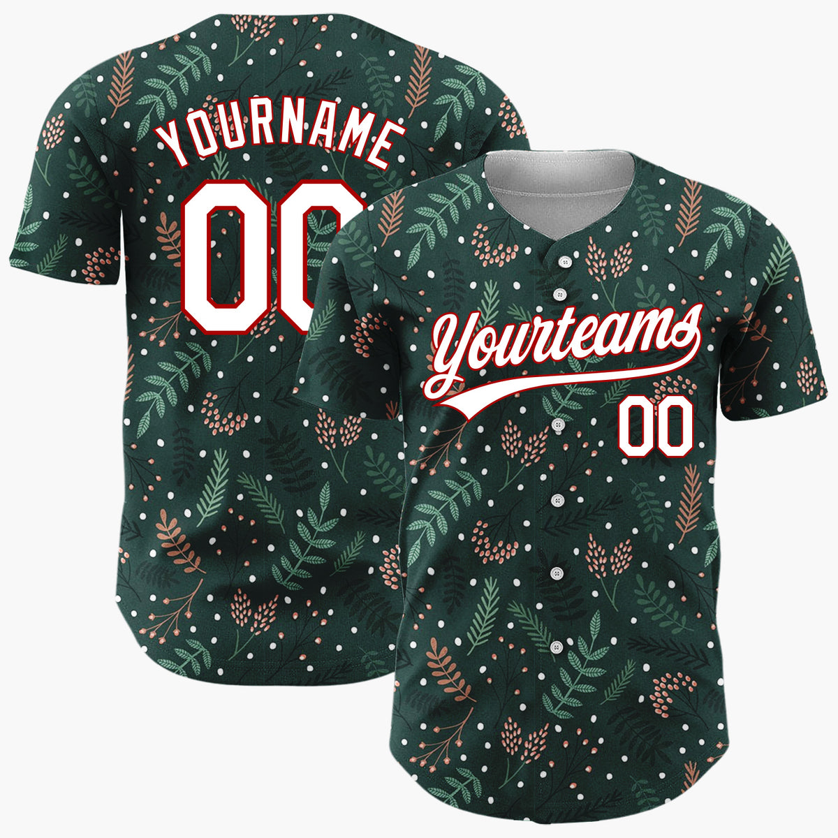 Custom Dark Green Holly Berries Dotted Cartoon Pattern Christmas Baseball Jersey