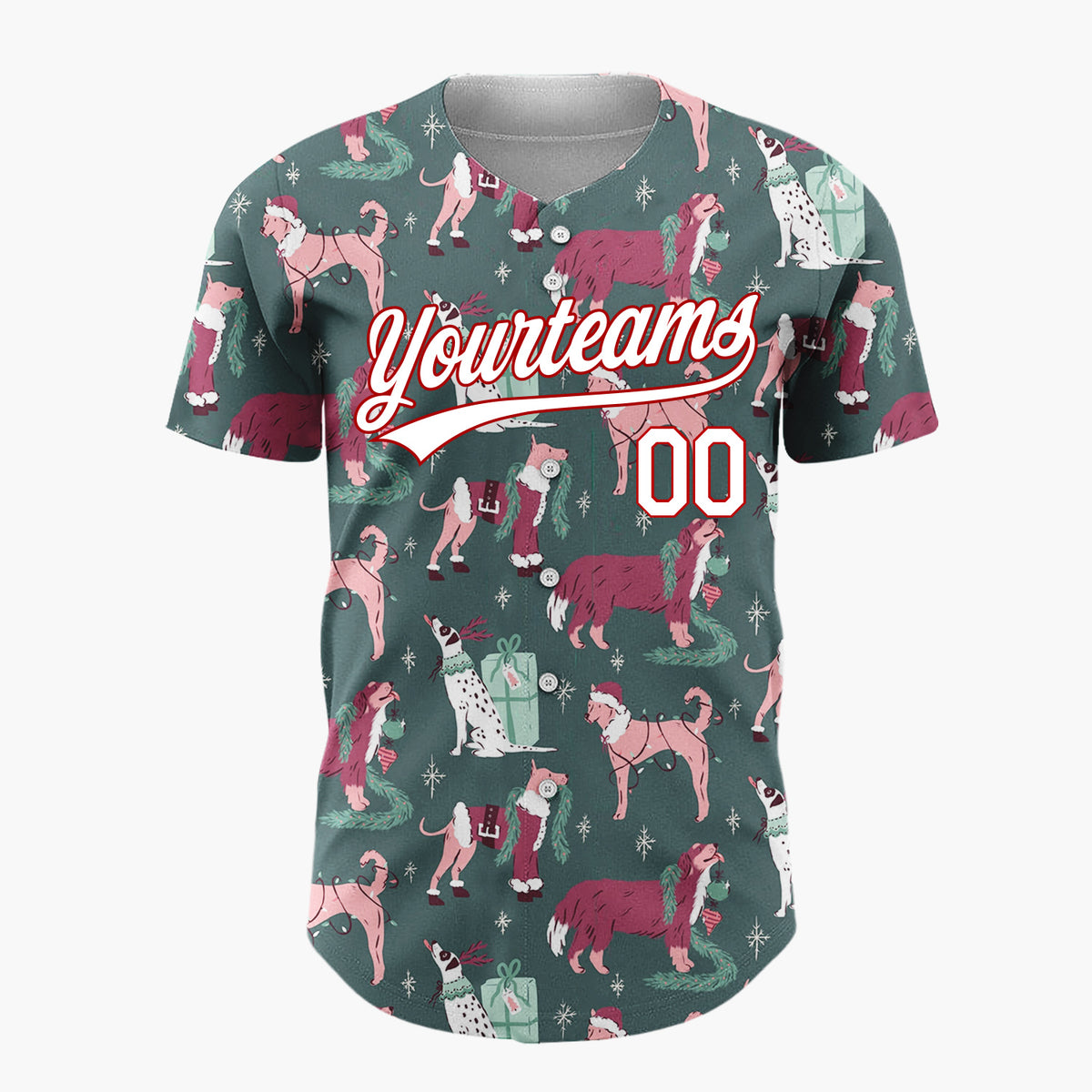 Custom Dark Green Pink Dogs With Presents And Santa Hats Cozy Christmas Baseball Jersey